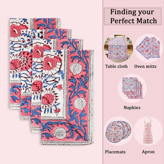 Pigeon Blue and Flamingo Pink Border Napkins Ridhi Block Print