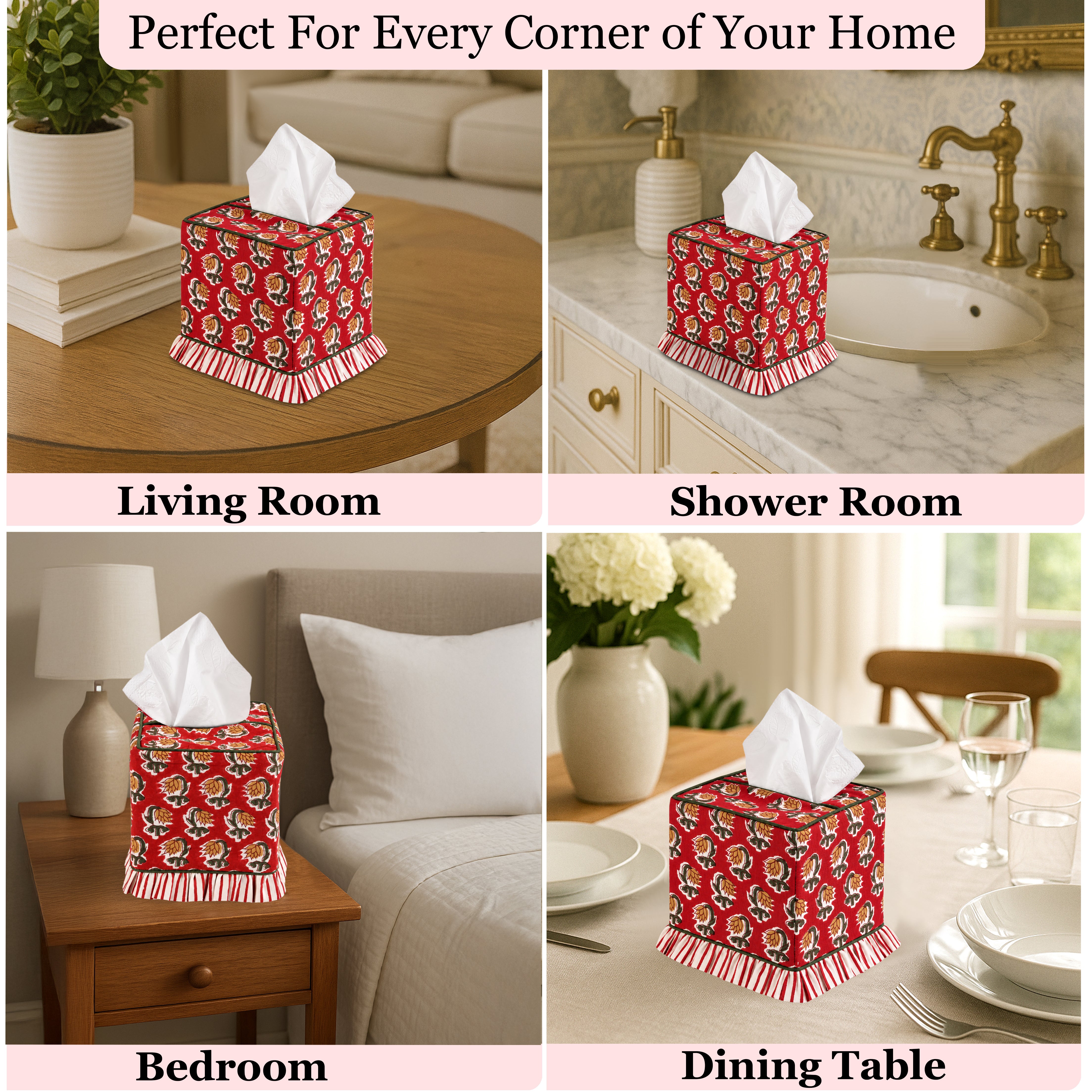 Block Print Ruffle Tissue Box Cover - Chocolate Cosmos Red