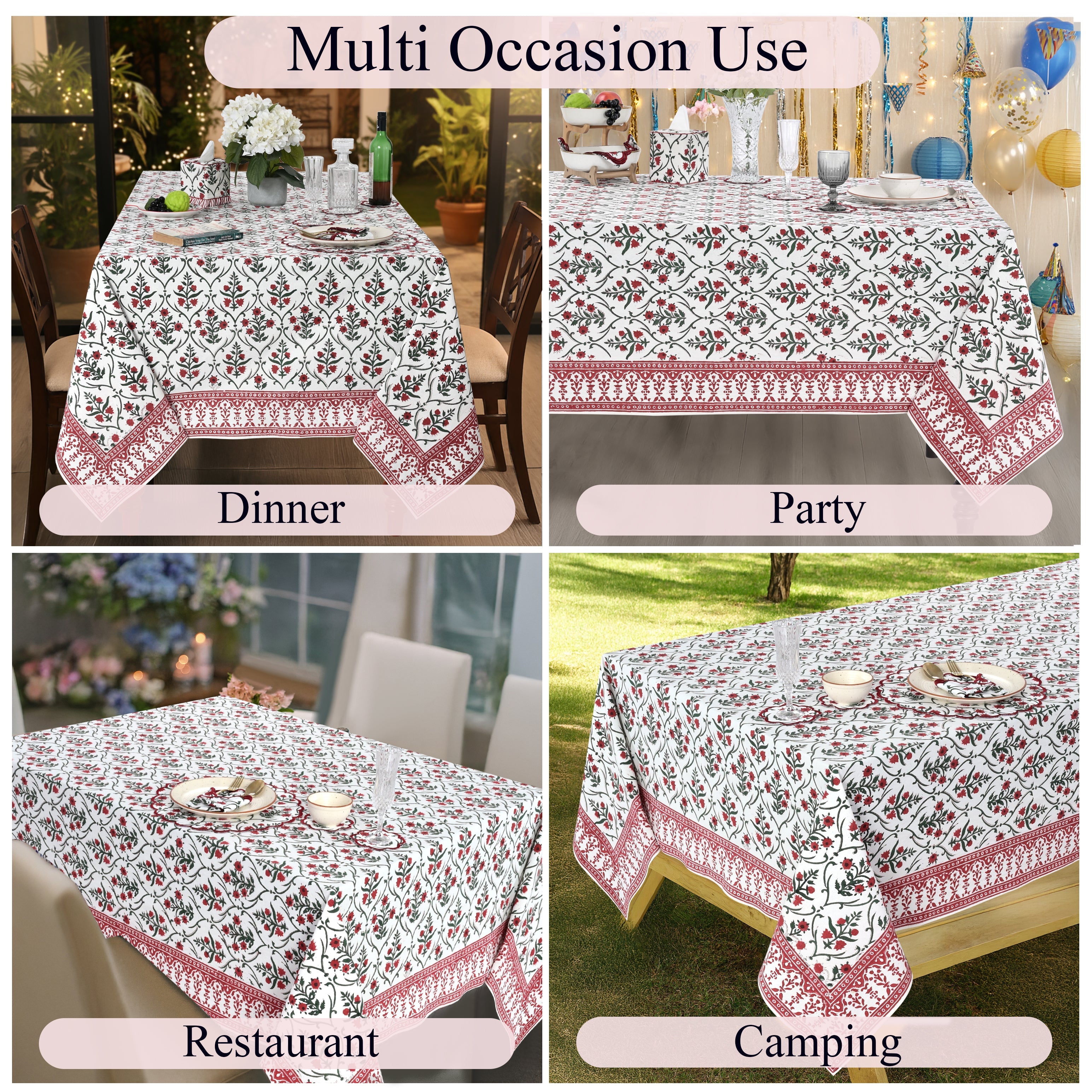 Ruby Red Emerald Green Rectangle Tablecloth Ridhi Block Print