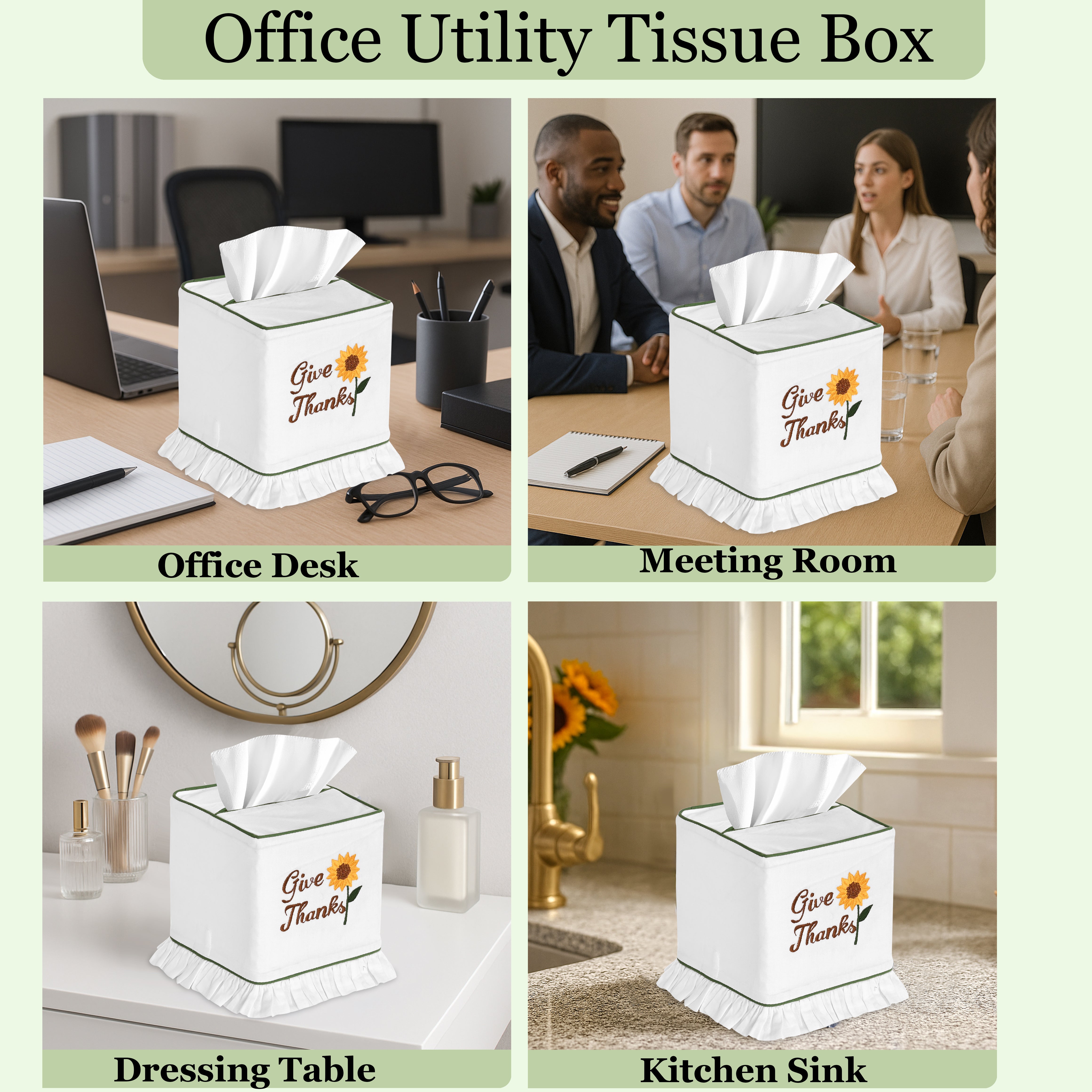Collage of office utility tissue box in various settings with 'Give Thanks' text and sunflower design.