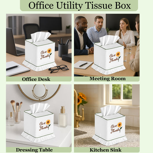Collage of office utility tissue box in various settings with 'Give Thanks' text and sunflower design.