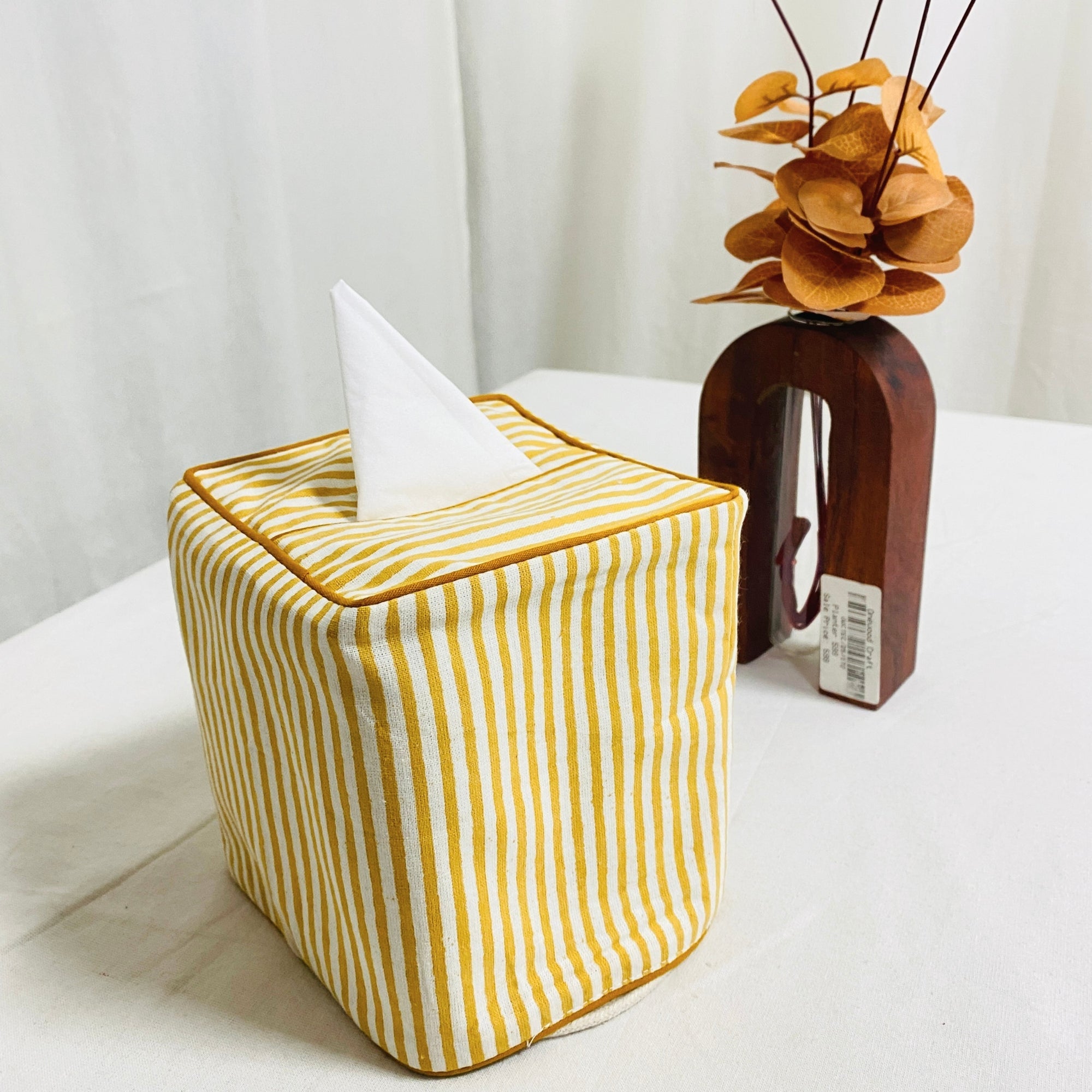 Saffron Yellow Striped Tissue Box Cover Ridhi Block Print