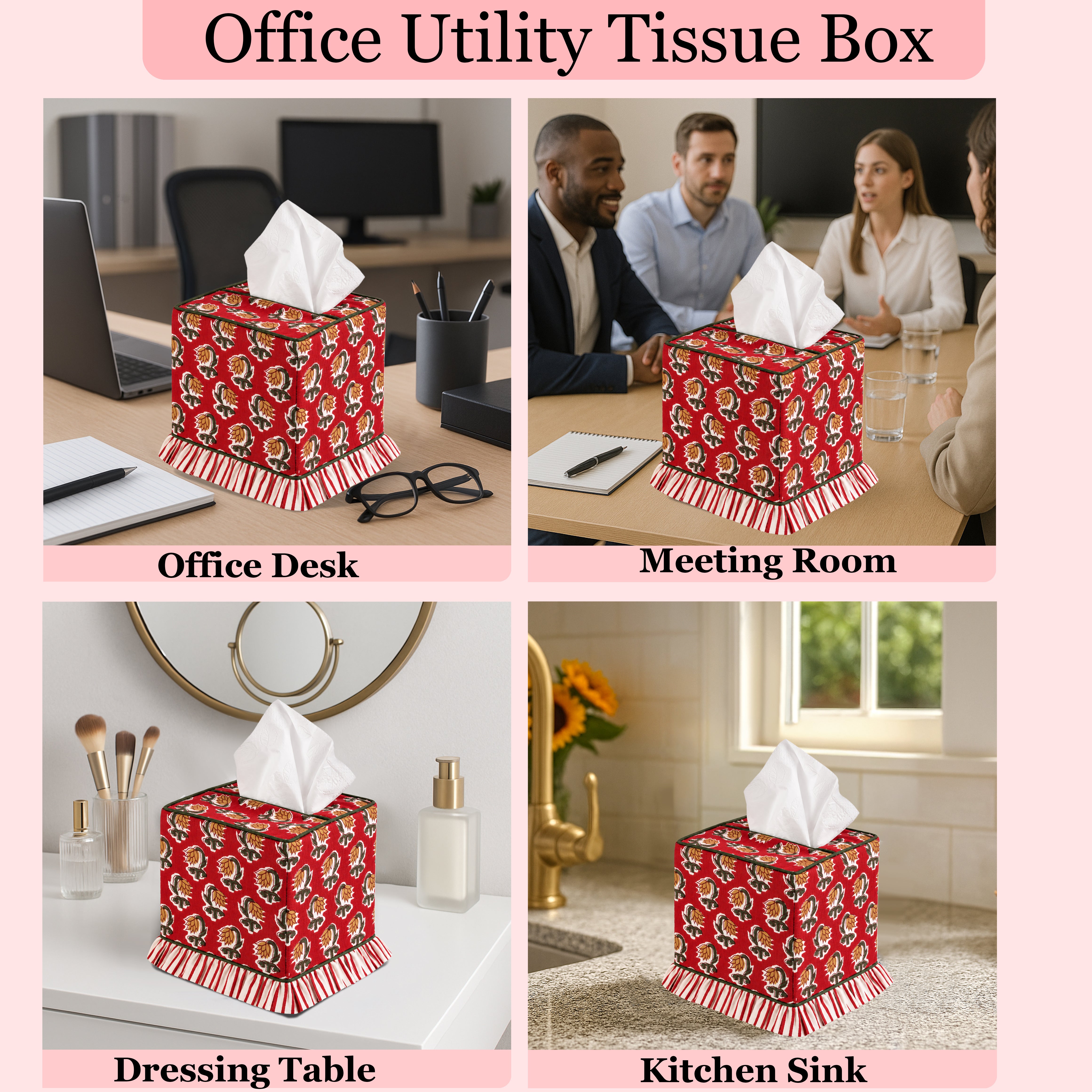 Block Print Ruffle Tissue Box Cover - Chocolate Cosmos Red