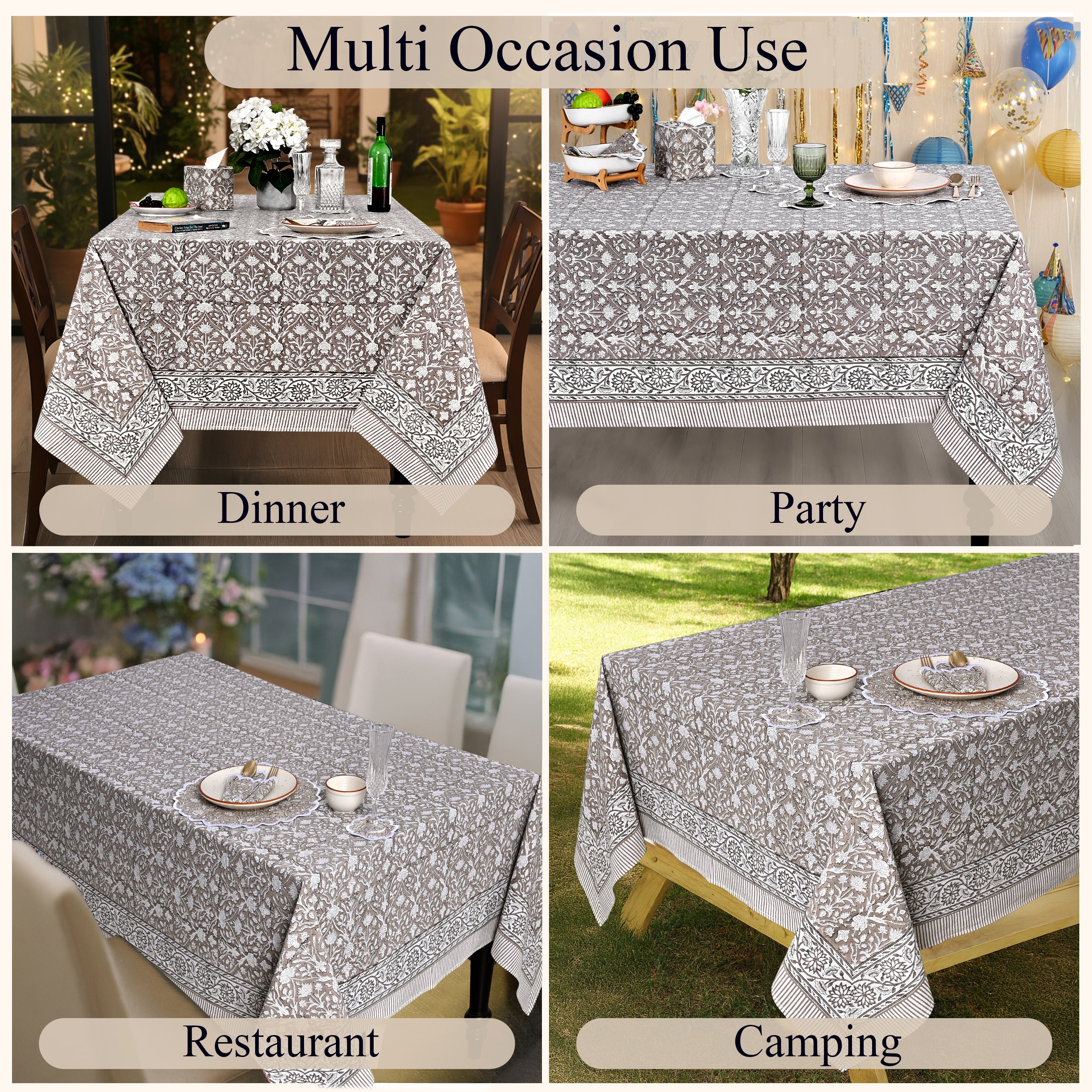 Taupe Rectangle Tablecloth Ridhi Block Print
