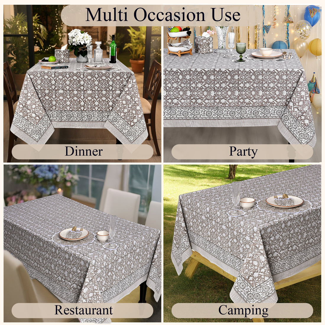 Taupe Square & Rectangle Tablecloth Ridhi Block Print