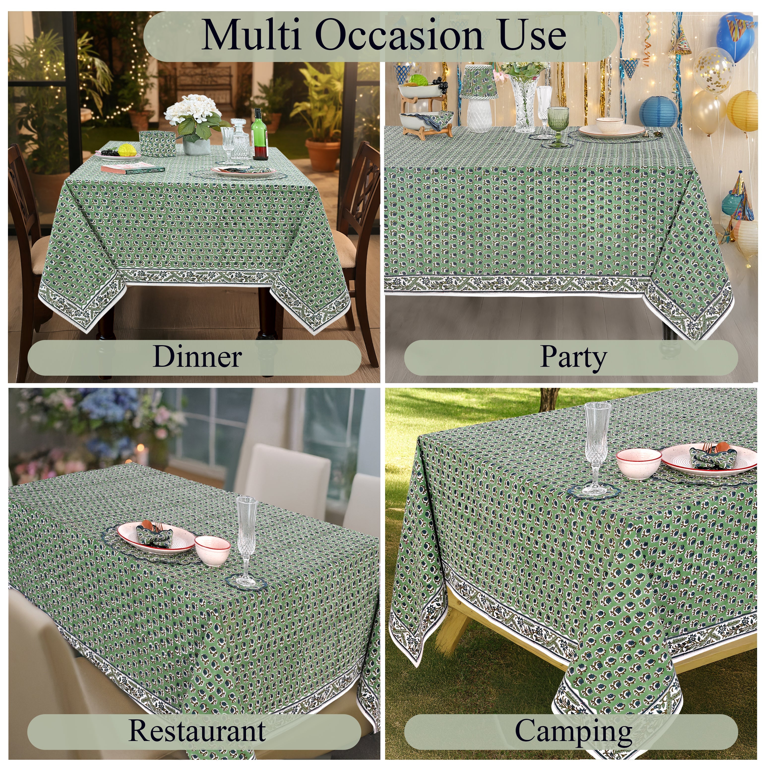 Basil Green Rectangle Tablecloth Ridhi Block Print