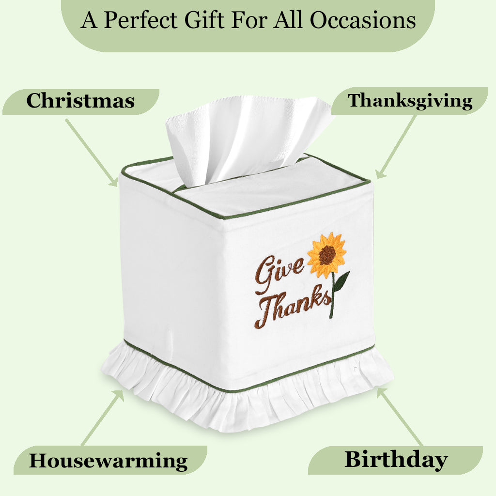 Tissue box cover with 'Give Thanks' text and sunflower design on a light green background