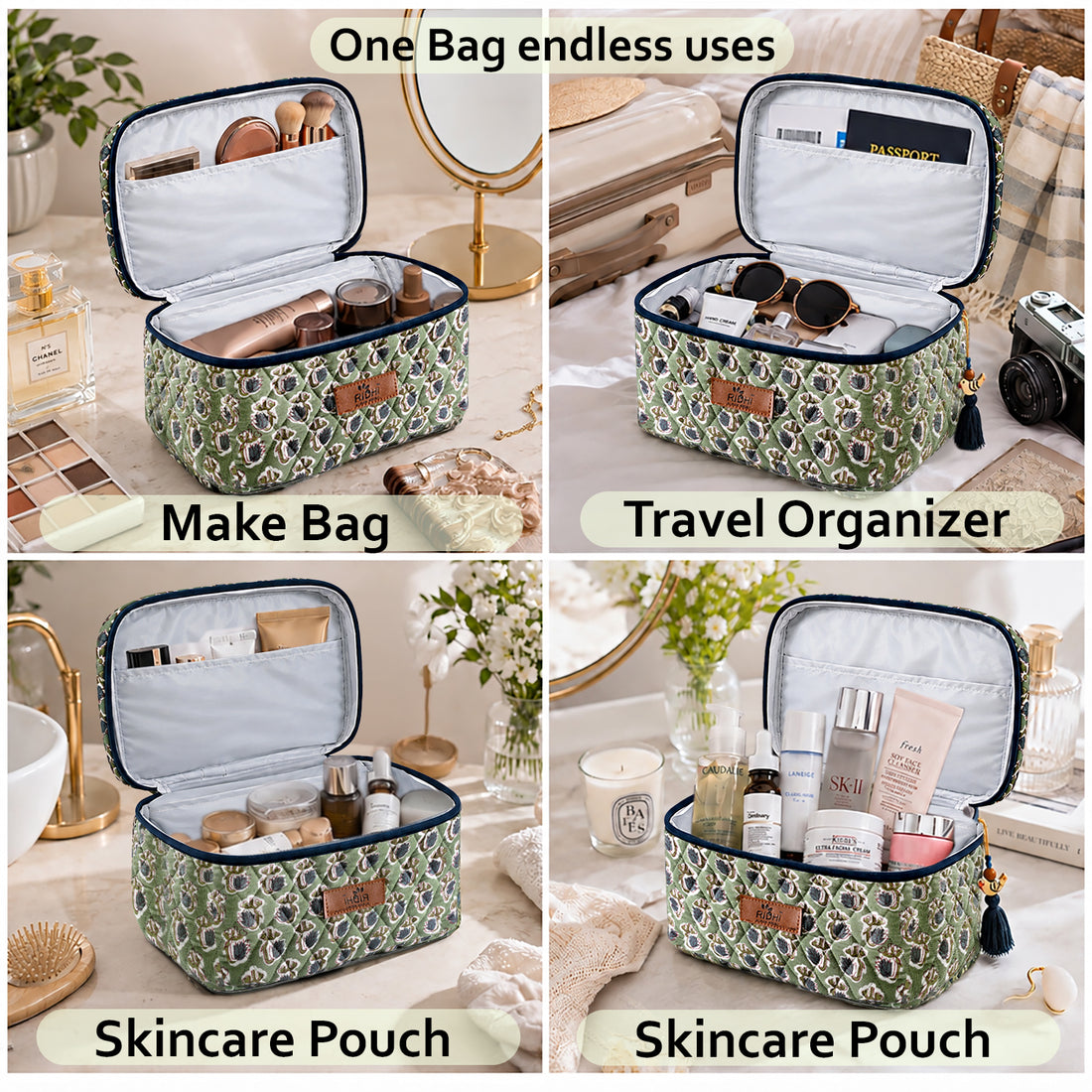 Basil Green Block Print Quilted Cosmetic Bag
