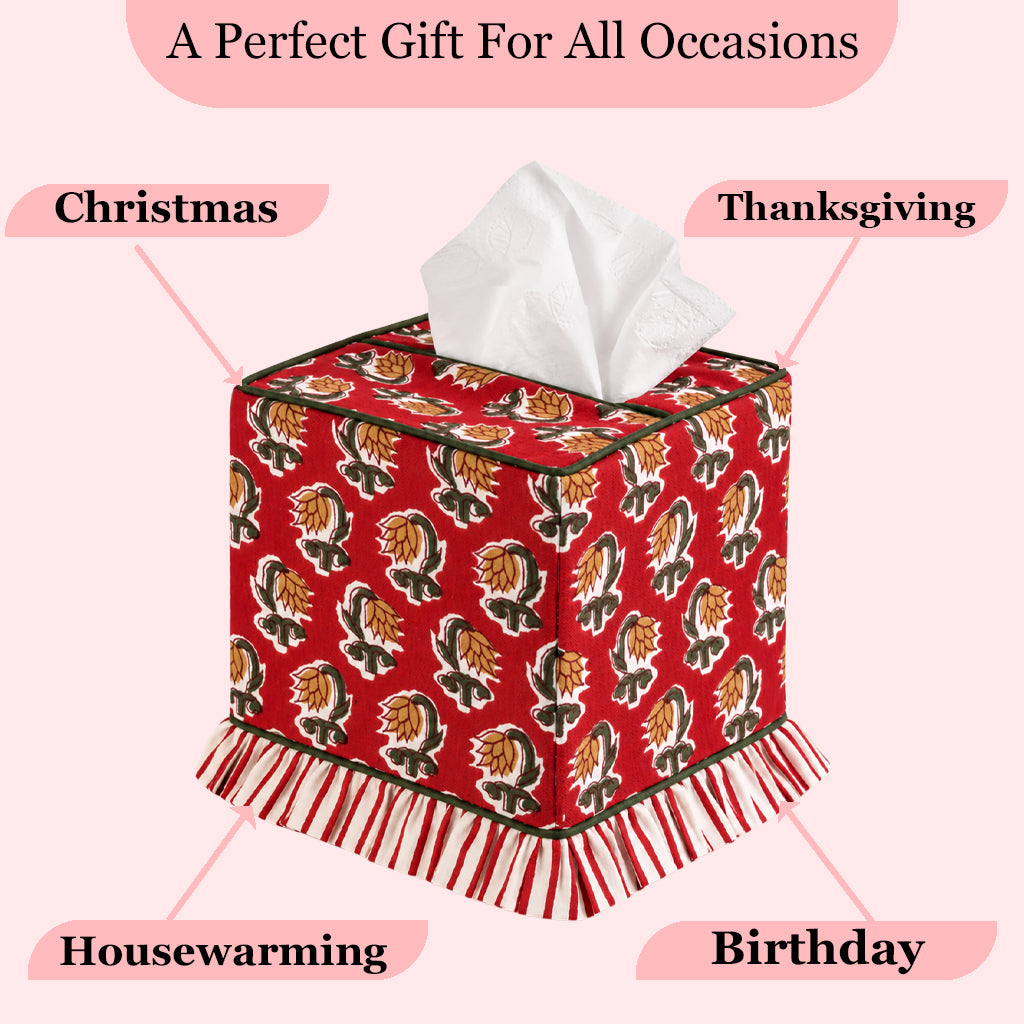 Block Print Ruffle Tissue Box Cover - Chocolate Cosmos Red