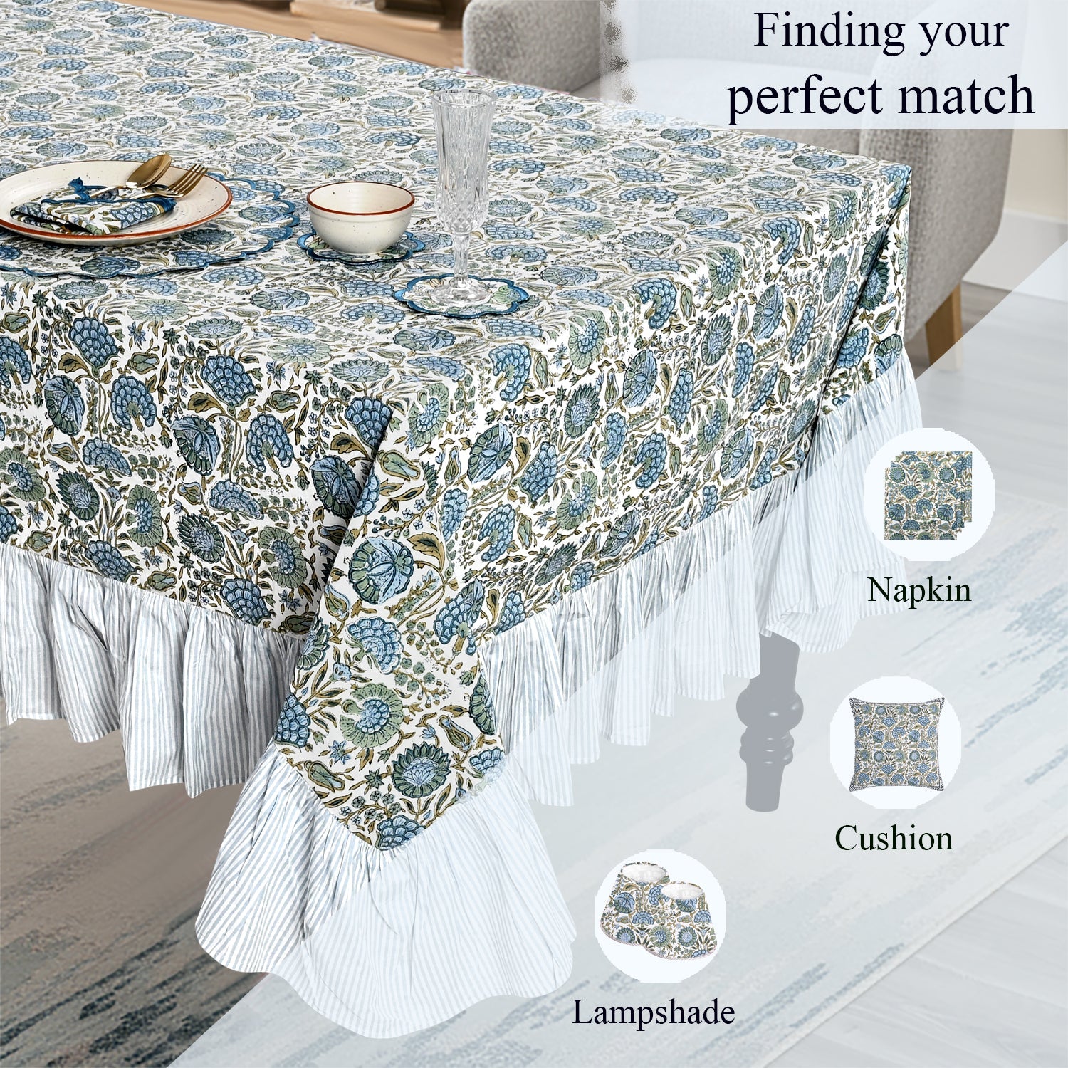 Ruffle Rectangle & Square Tablecloth - Asparagus Green Ridhi Block Print