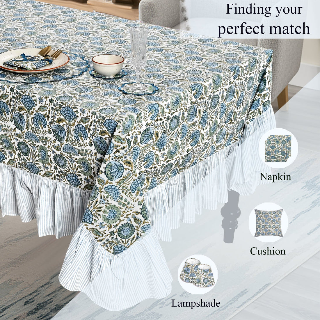 Ruffle Rectangle & Square Tablecloth - Asparagus Green Ridhi Block Print
