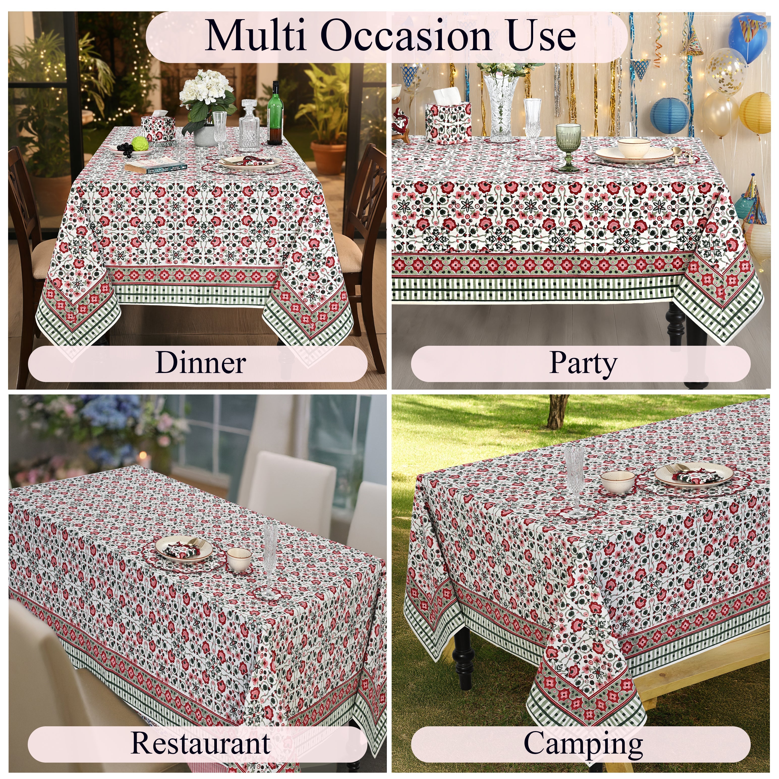 Apple Red & green Square & Rectangle Tablecloth Ridhi Block Print