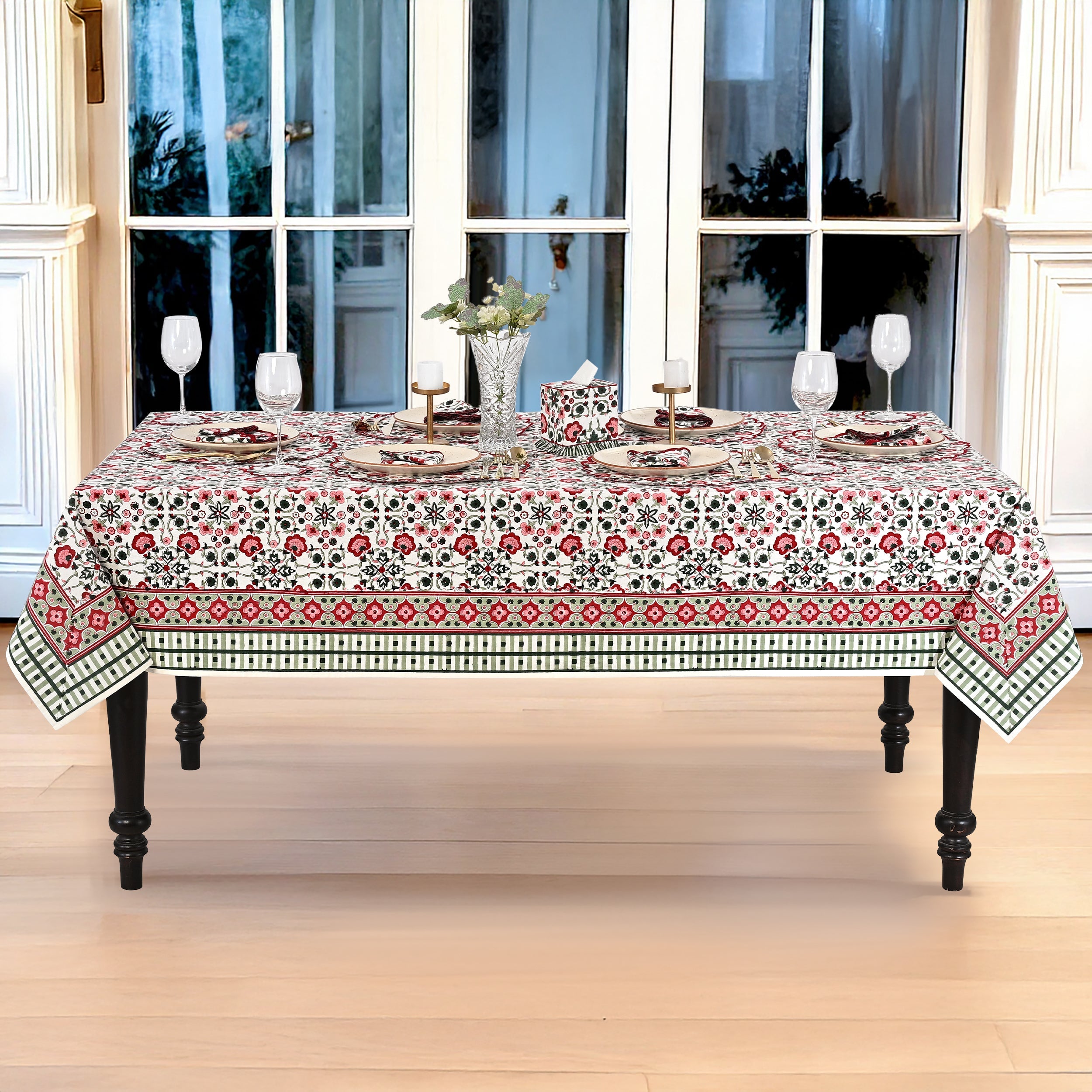 Apple Red & green Square & Rectangle Tablecloth Ridhi Block Print