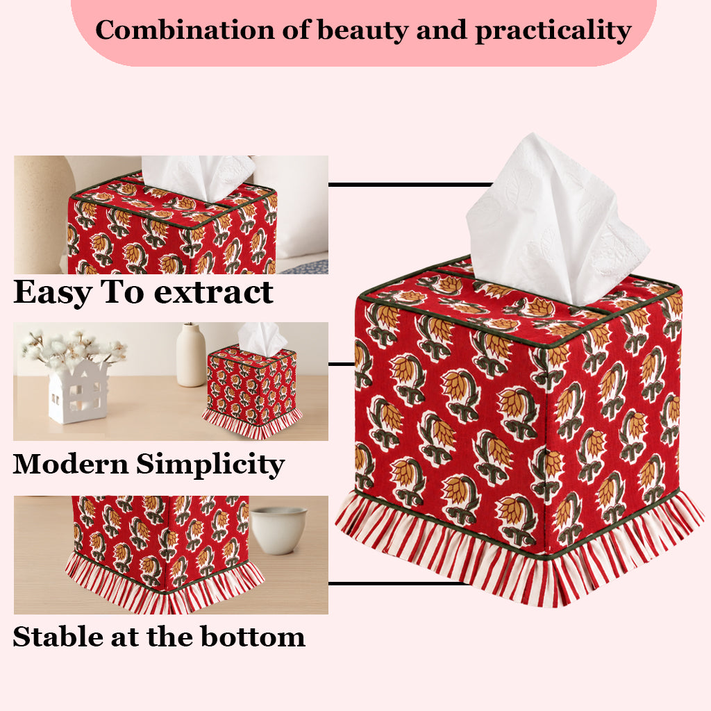 Block Print Ruffle Tissue Box Cover - Chocolate Cosmos Red