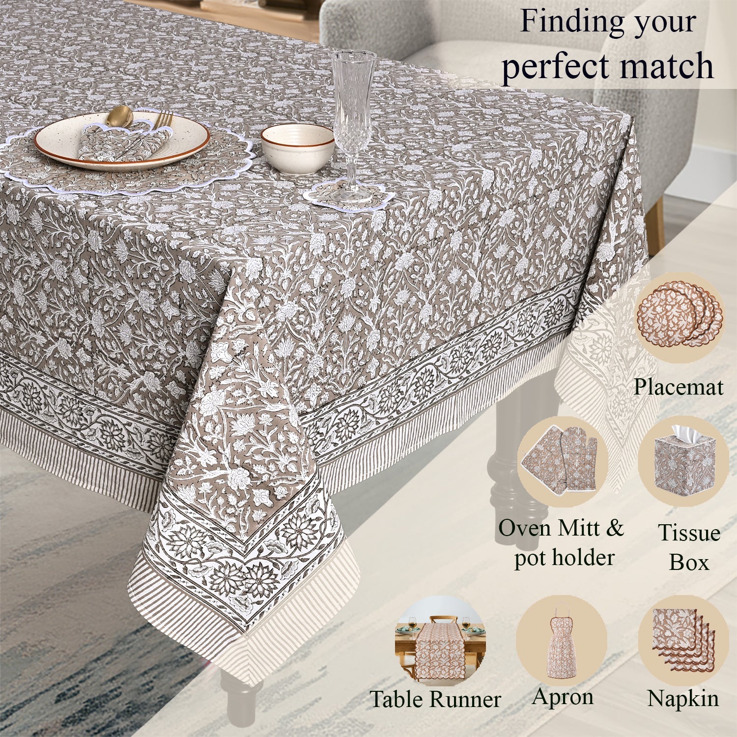 Taupe Rectangle Tablecloth Ridhi Block Print