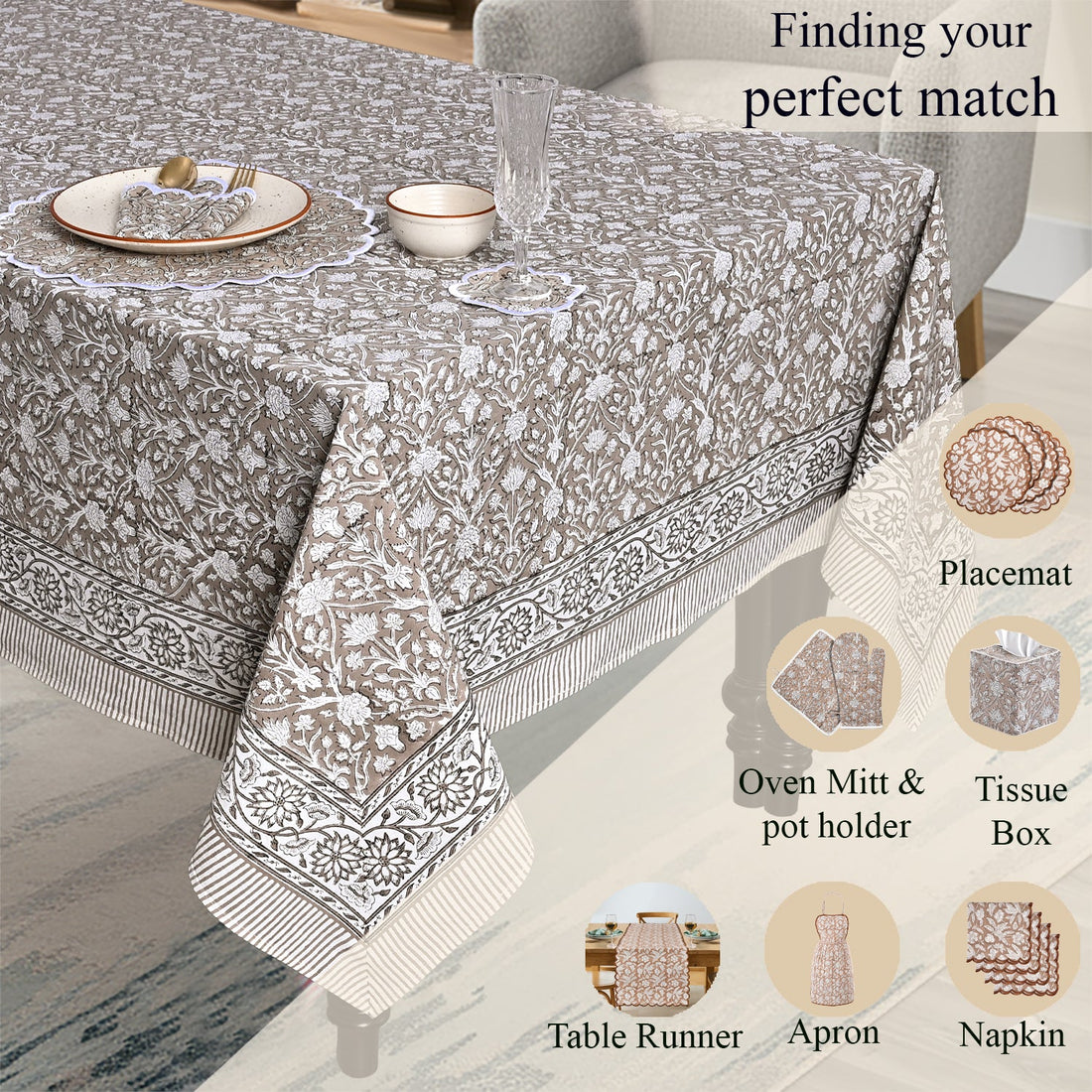 Taupe Square & Rectangle Tablecloth Ridhi Block Print