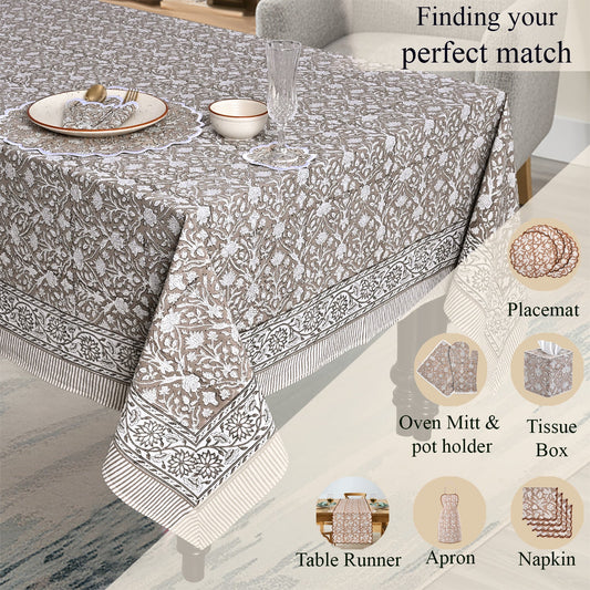 Taupe Rectangle Tablecloth Ridhi Block Print
