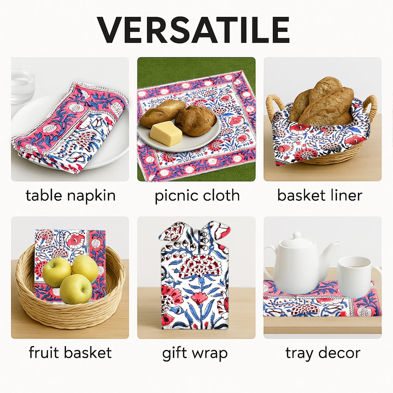 Pigeon Blue and Flamingo Pink Border Napkins Ridhi Block Print