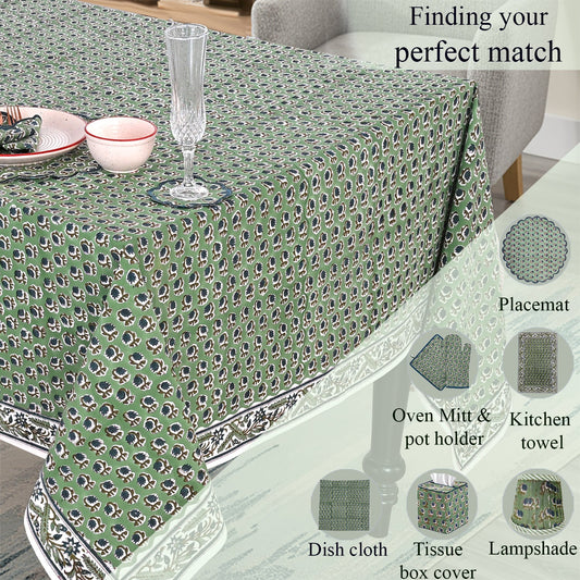 Basil Green Rectangle Tablecloth Ridhi Block Print