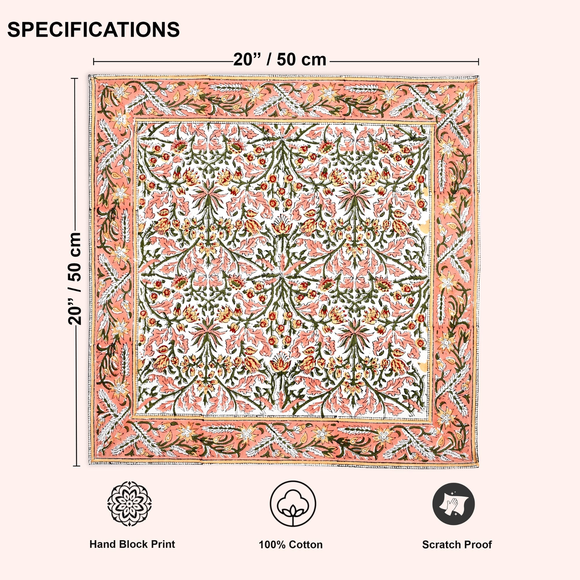 Sassy Salmon Pink Border Napkins Ridhi Block Print