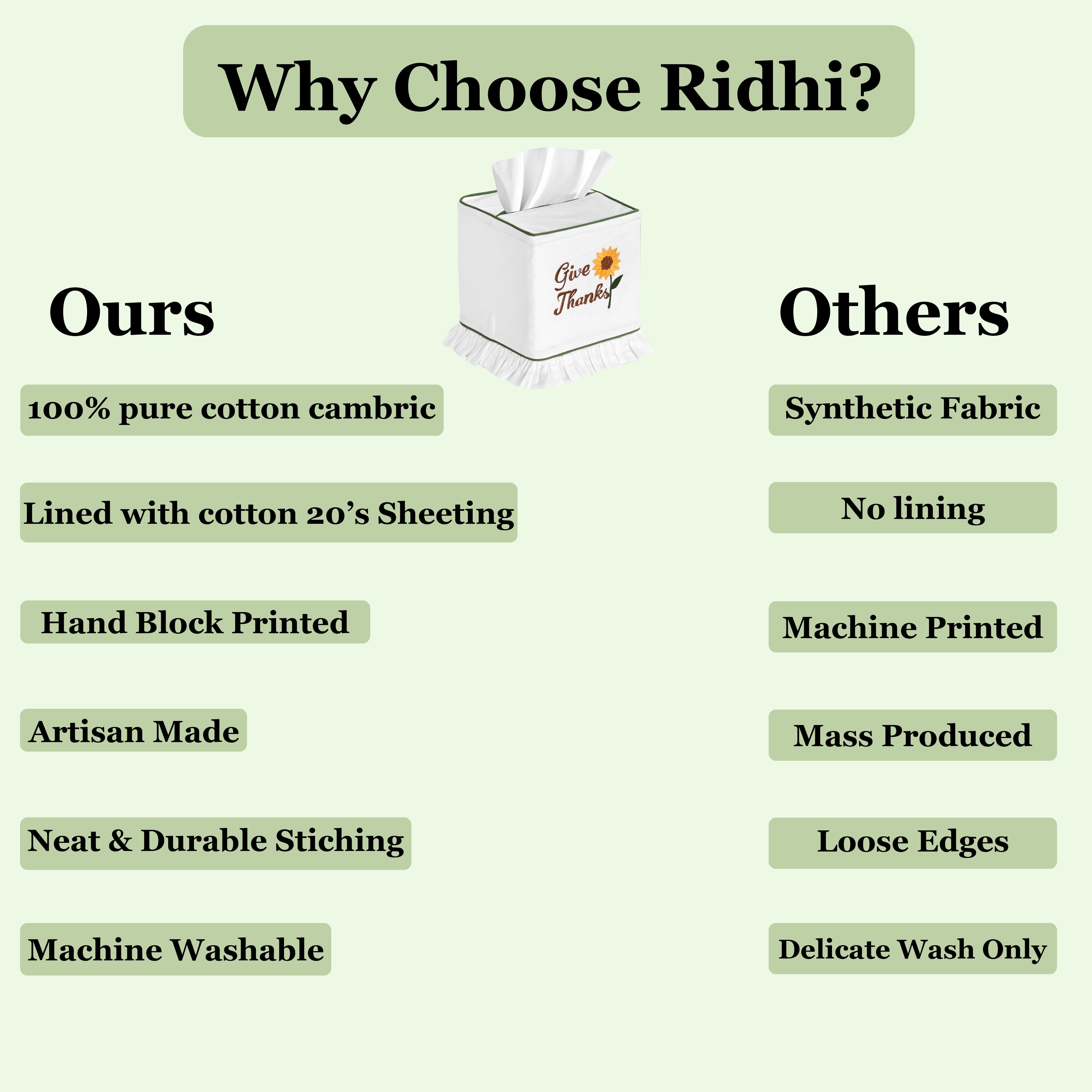 Comparison chart of 'Ours' and 'Others' products with a tissue box on a light green background.