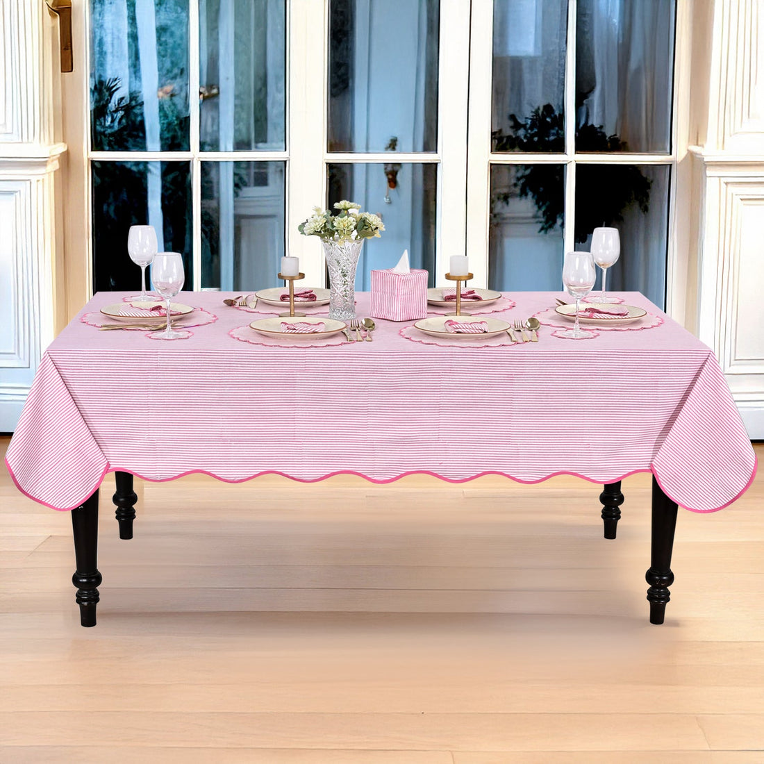 Block Print Cotton Scallop Tablecloth - Taffy Pink Stripe RIDHI