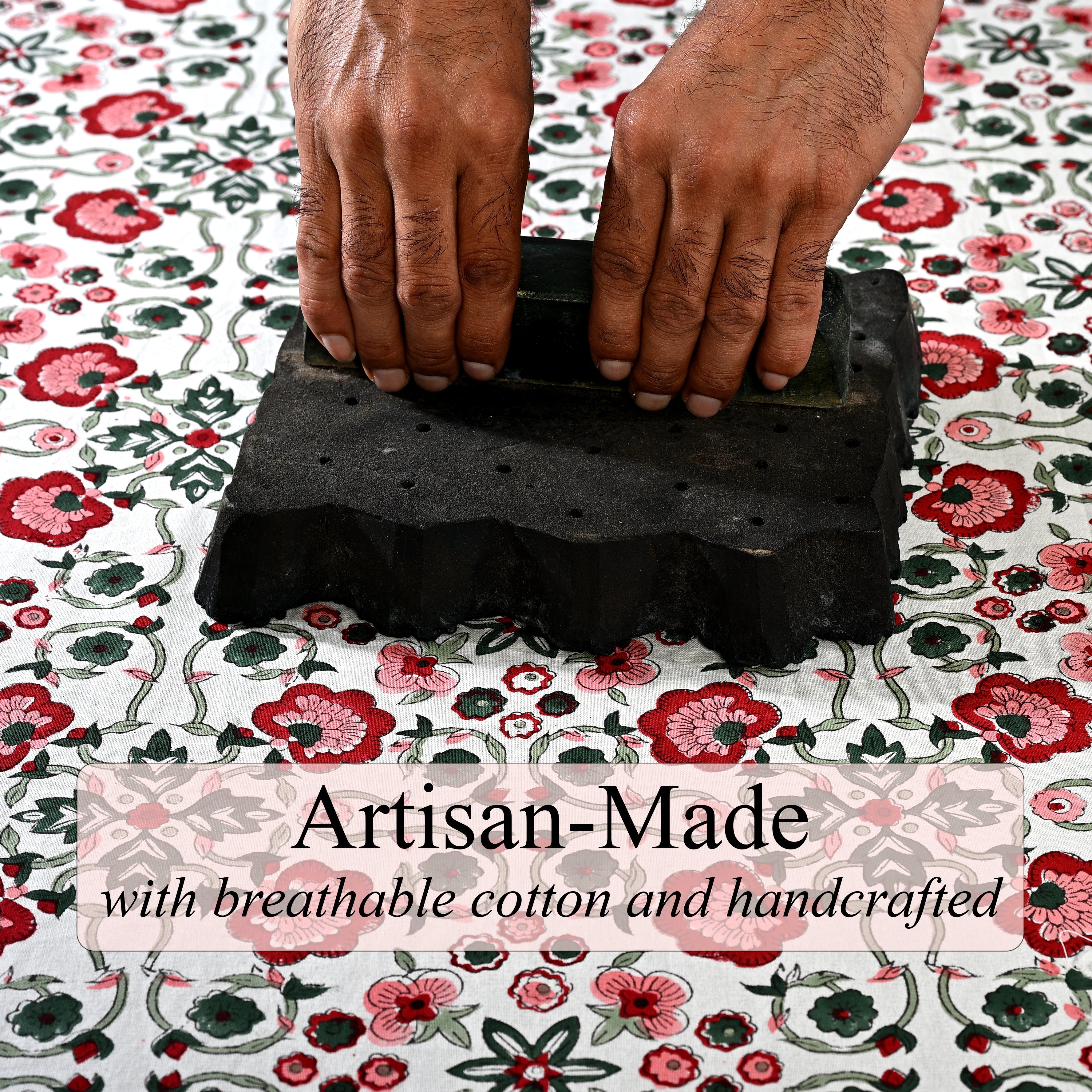 Apple Red & green Square & Rectangle Tablecloth Ridhi Block Print