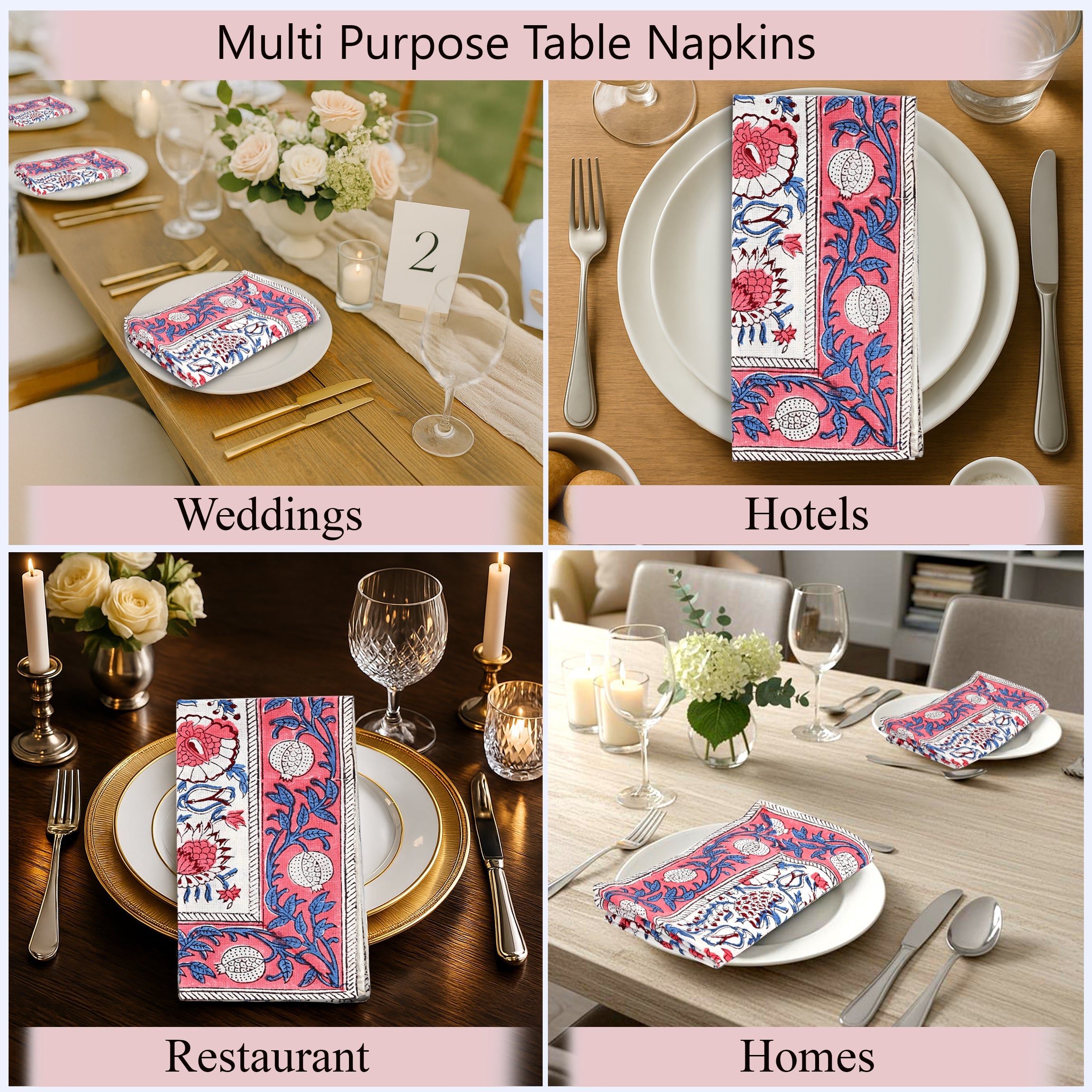 Pigeon Blue and Flamingo Pink Border Napkins Ridhi Block Print
