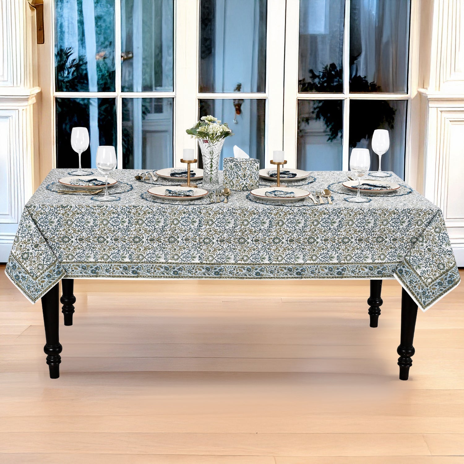 Indigo Blue Square & Rectangle Tablecloth Ridhi Block Print