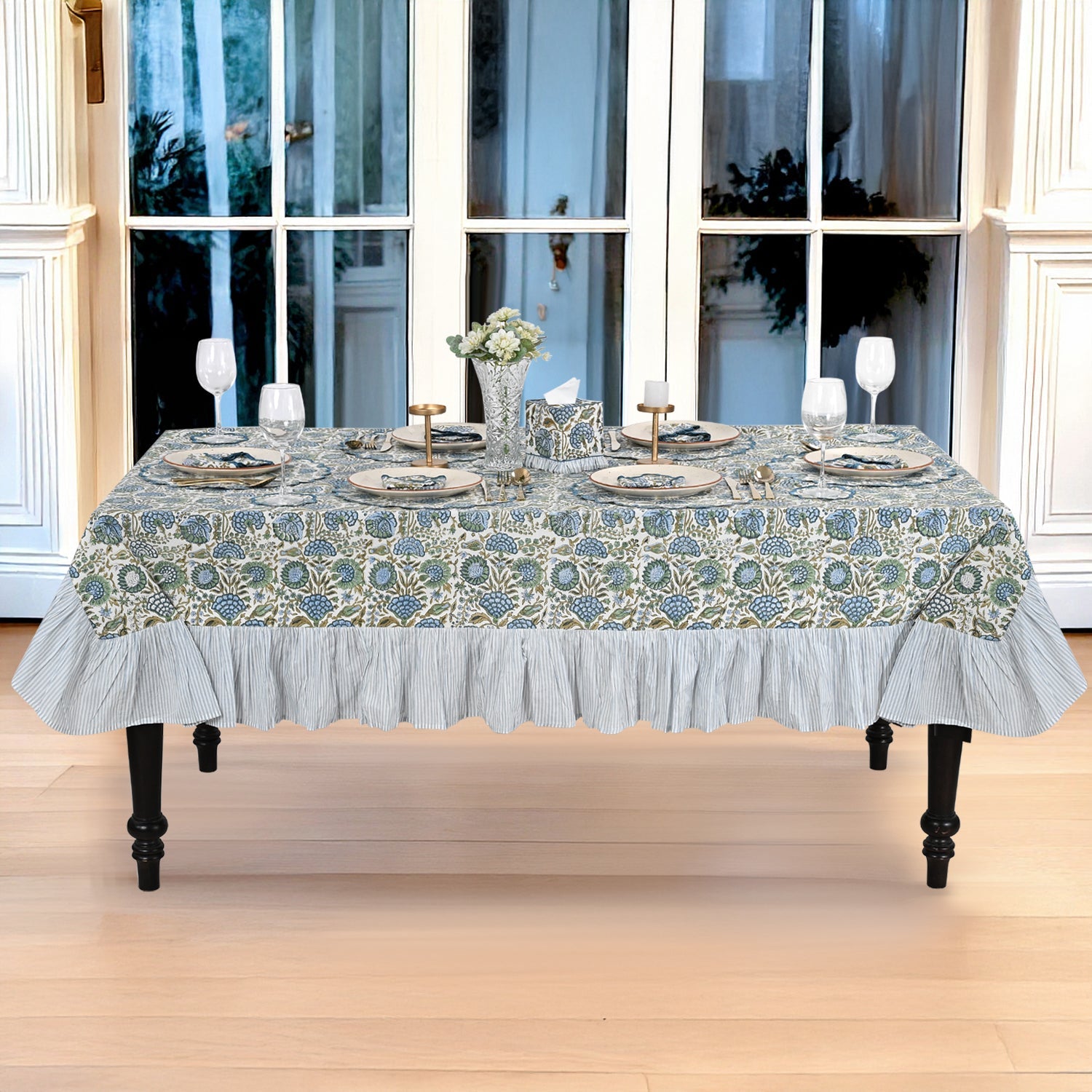 Ruffle Rectangle & Square Tablecloth - Asparagus Green Ridhi Block Print