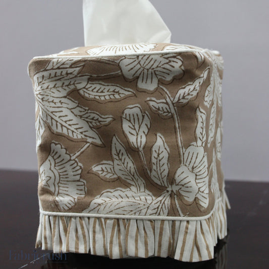 Block Print Ruffle Tissue Box Cover - Oak Brown RIDHI