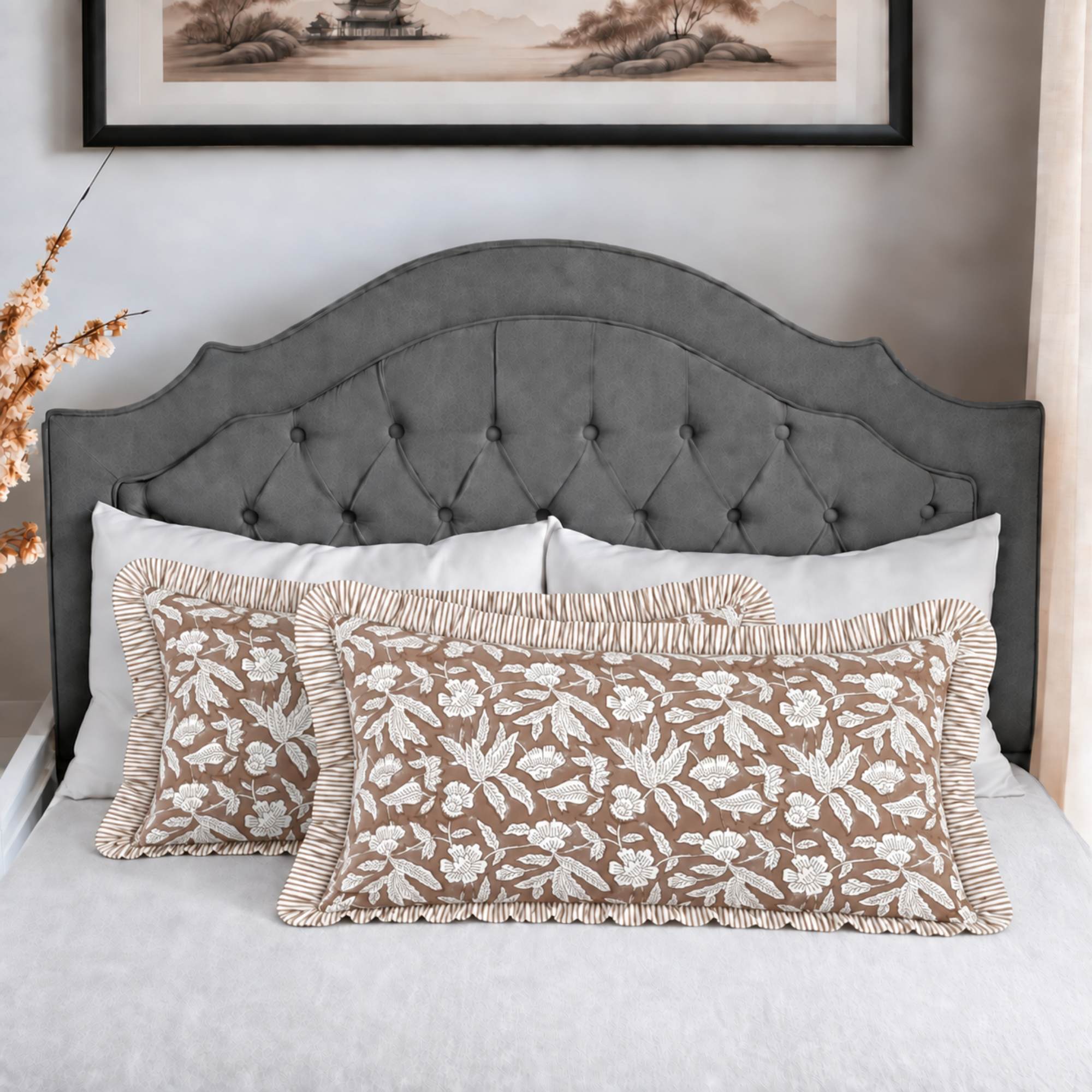 Oak Brown Bed Pillow Cover Ridhi Block Print