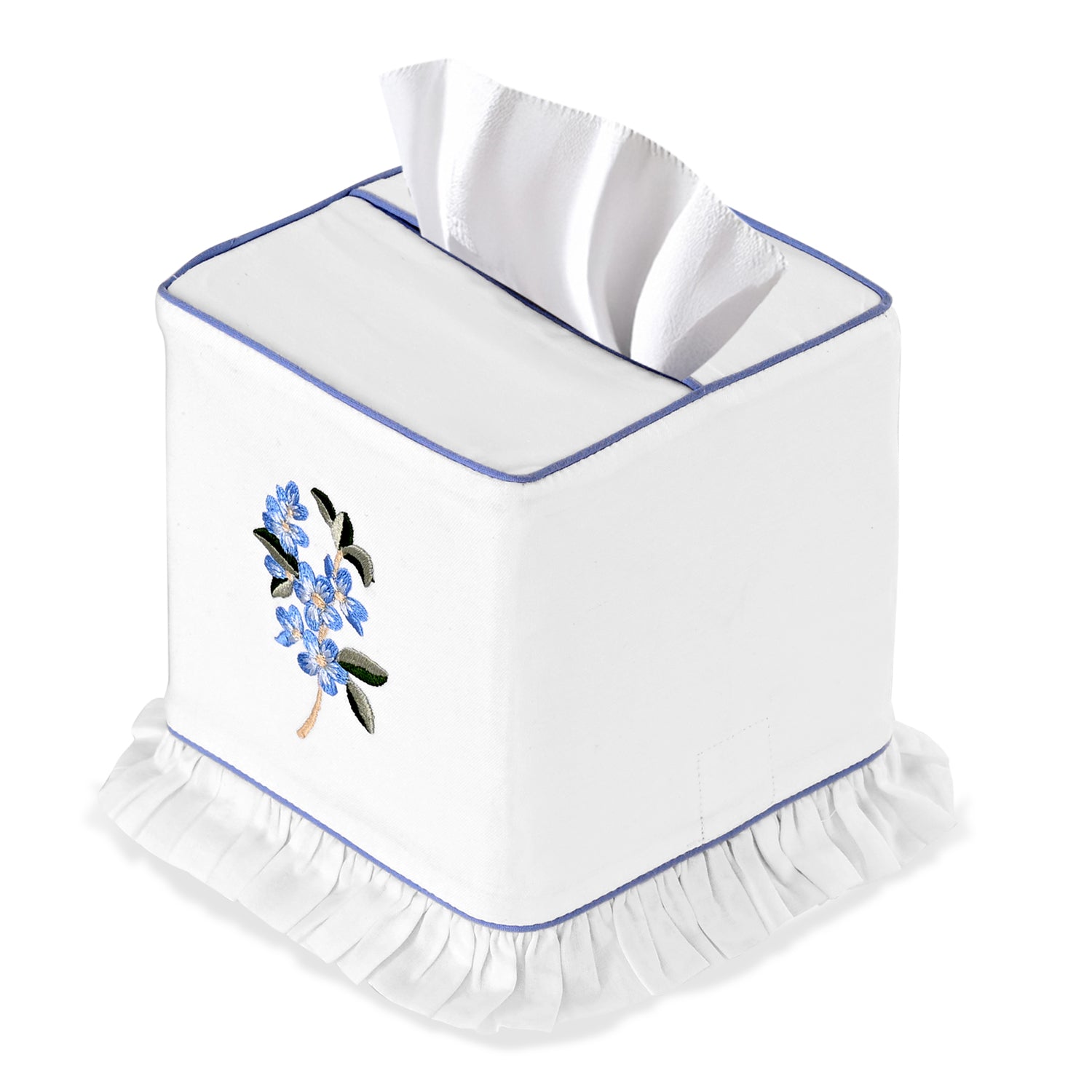 White tissue box cover with floral design and ruffled edge on a white background