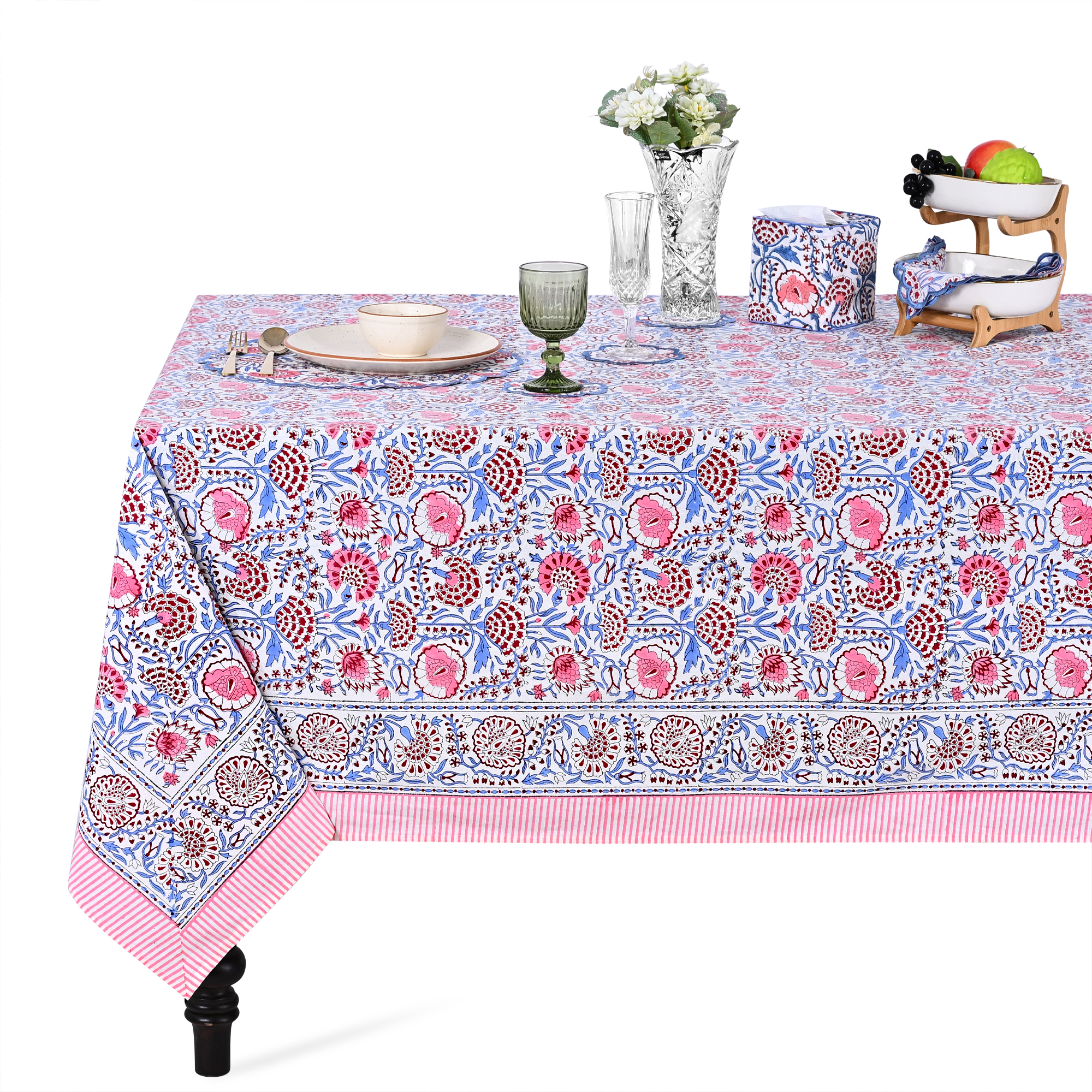 Pigeon Blue and Flamingo Pink Rectangle Tablecloth Ridhi Block Print
