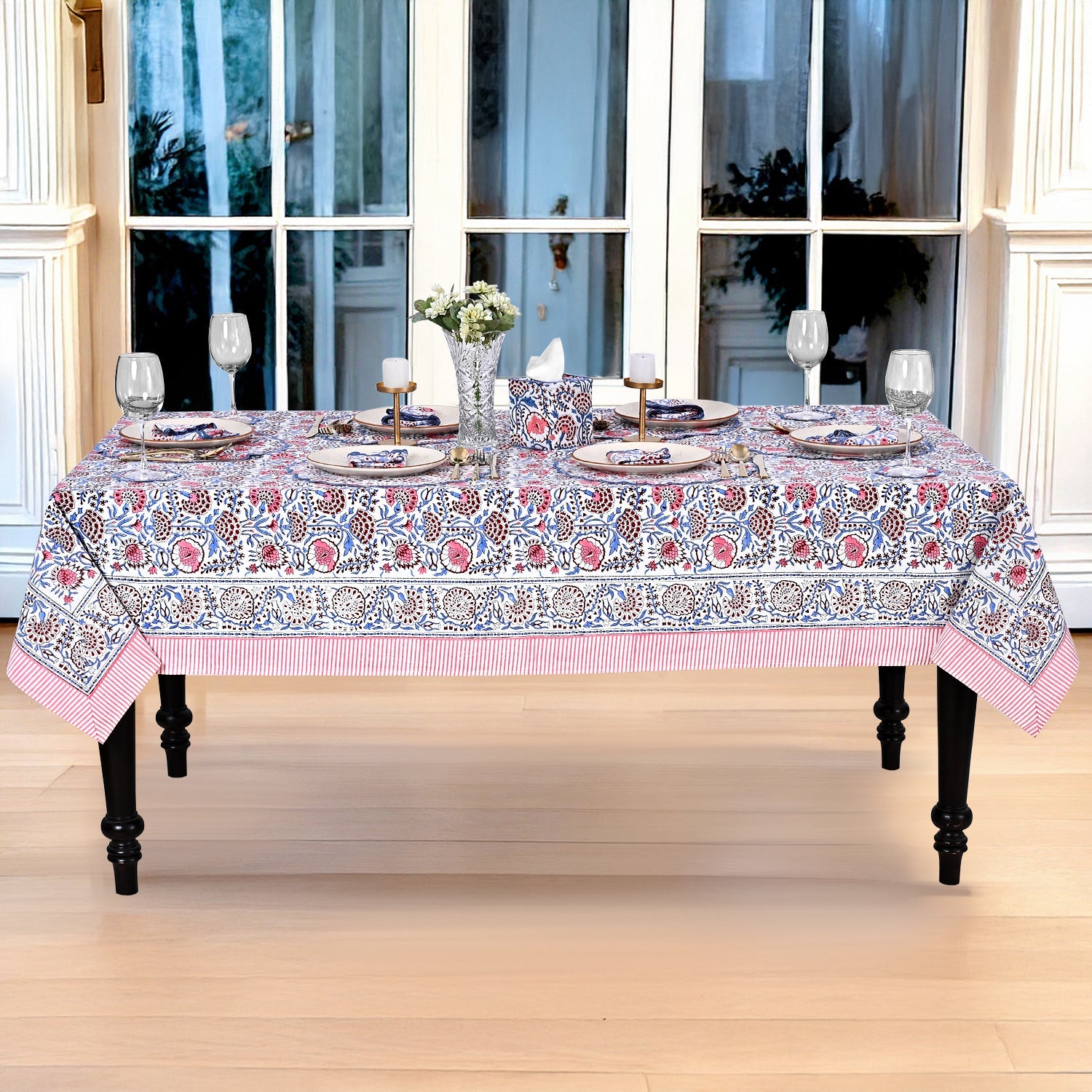 Pigeon Blue and Flamingo Pink Rectangle Tablecloth Ridhi Block Print