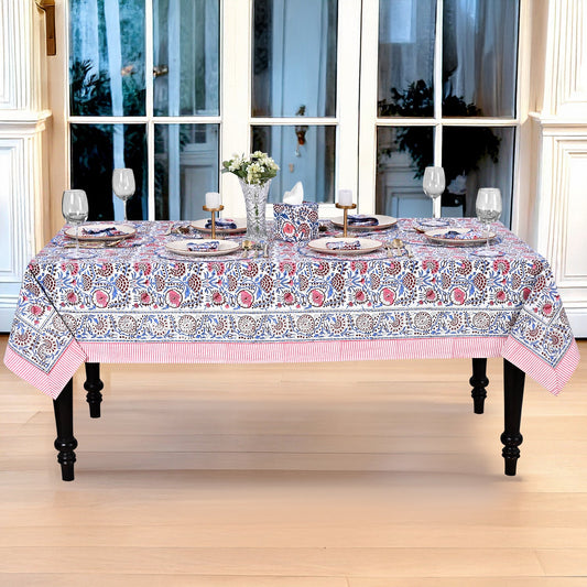 Pigeon Blue and Flamingo Pink Rectangle Tablecloth Ridhi Block Print