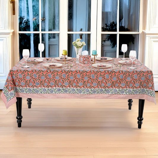 Dark Salmon Pink Square & Rectangle Tablecloth Ridhi Block Print
