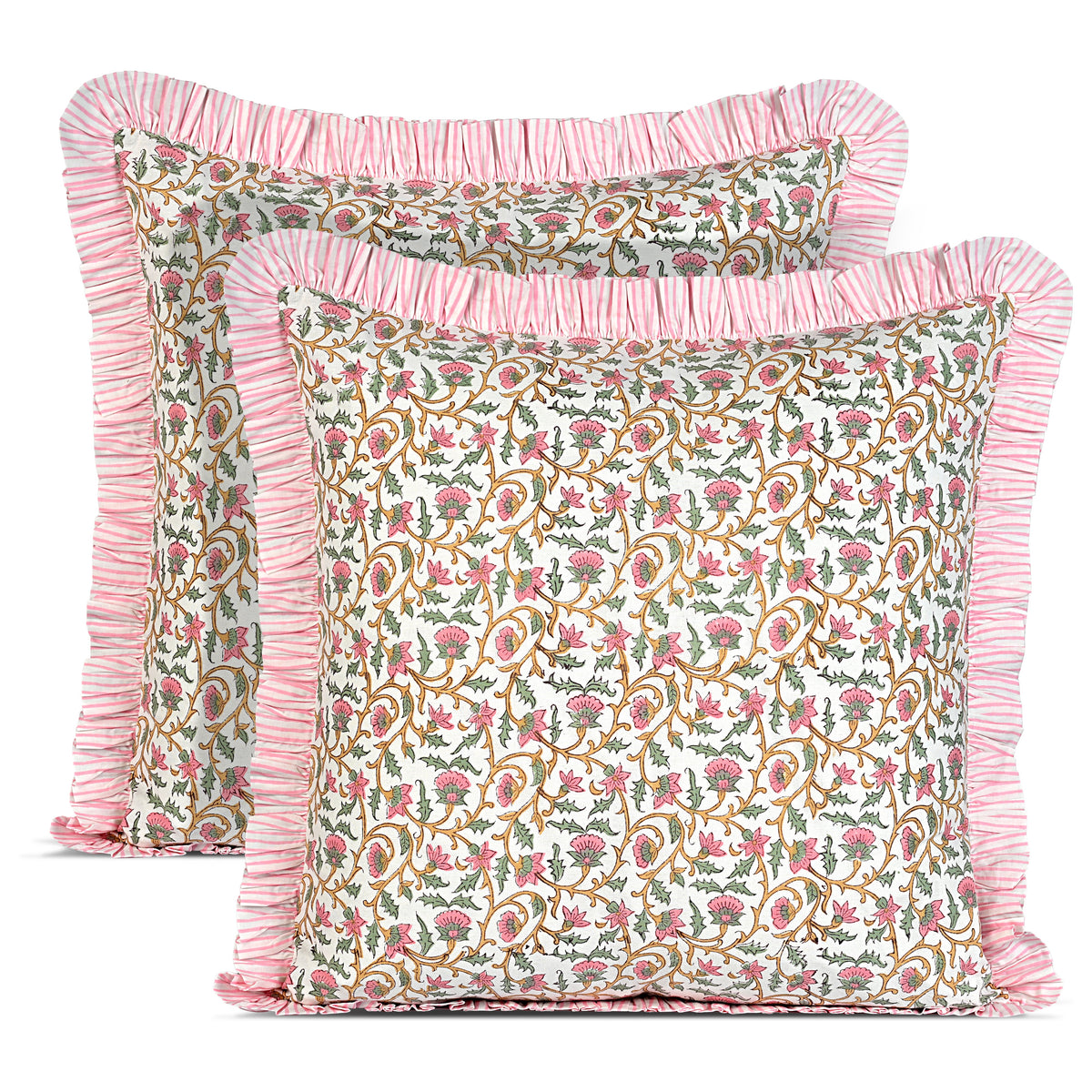 Rose Pink Floral Vine Ruffle Pillow Cover