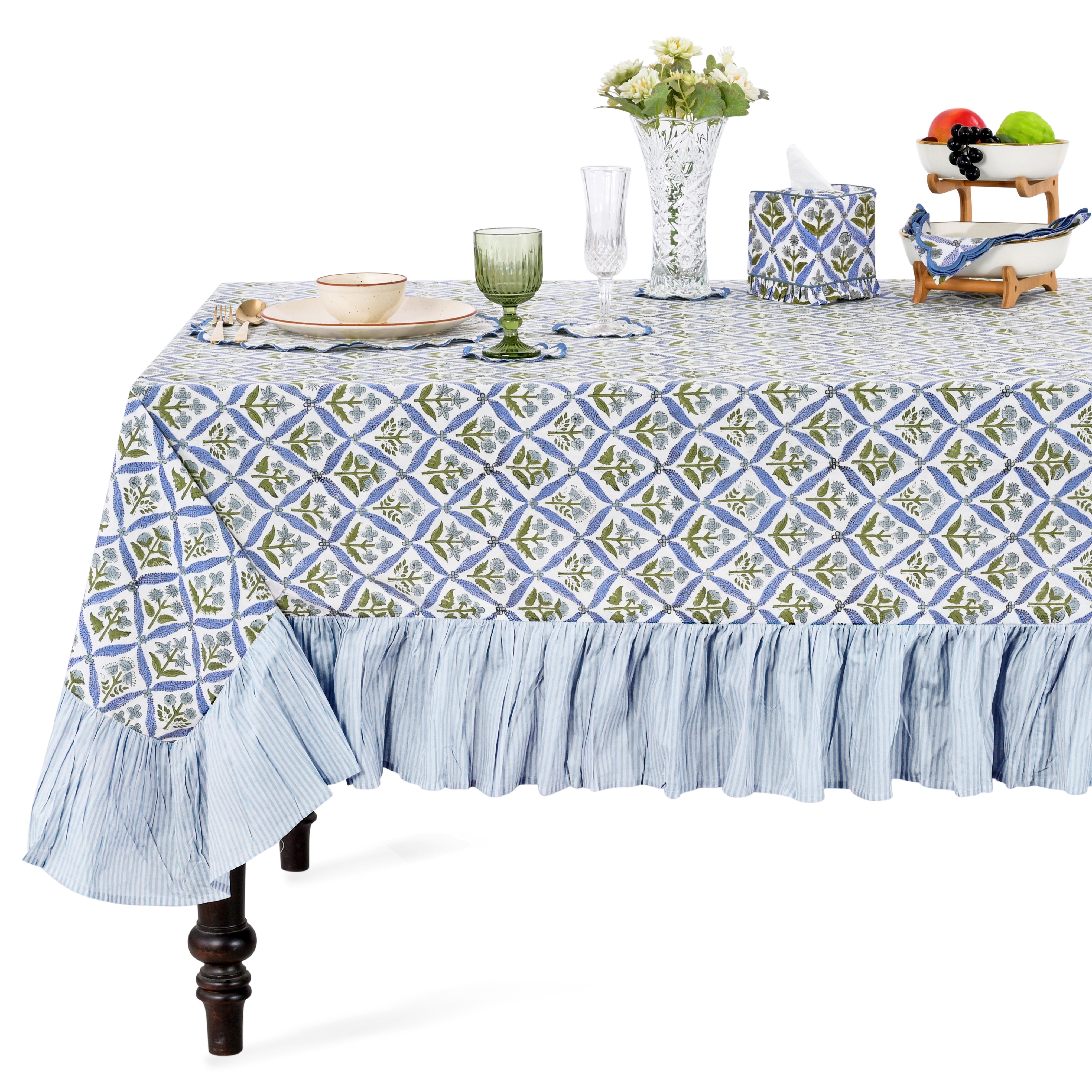 Light Steel Blue Ruffle Rectangle Tablecloth Ridhi Block Print