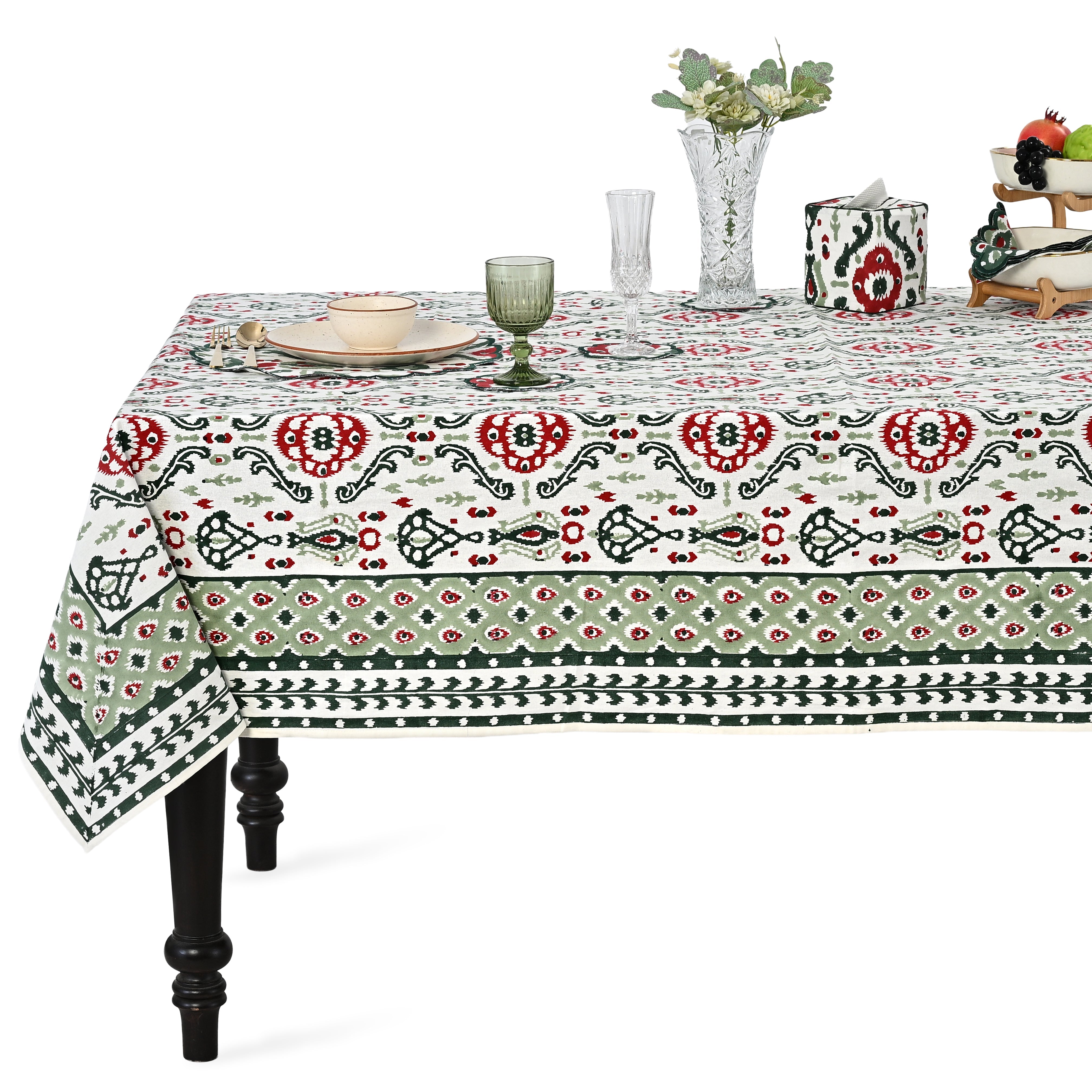 Evergreen Ikat & Red Square & Rectangle Tablecloth Ridhi Block Print