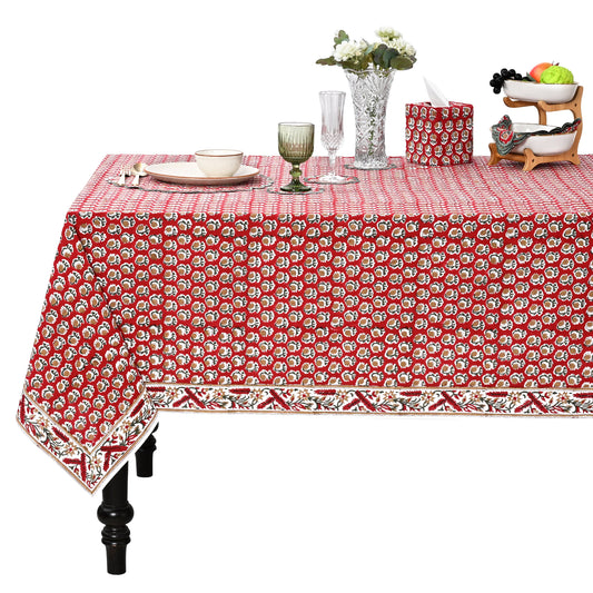 Chocolate Cosmos Red Square & Rectangle Tablecloth Ridhi Block Print