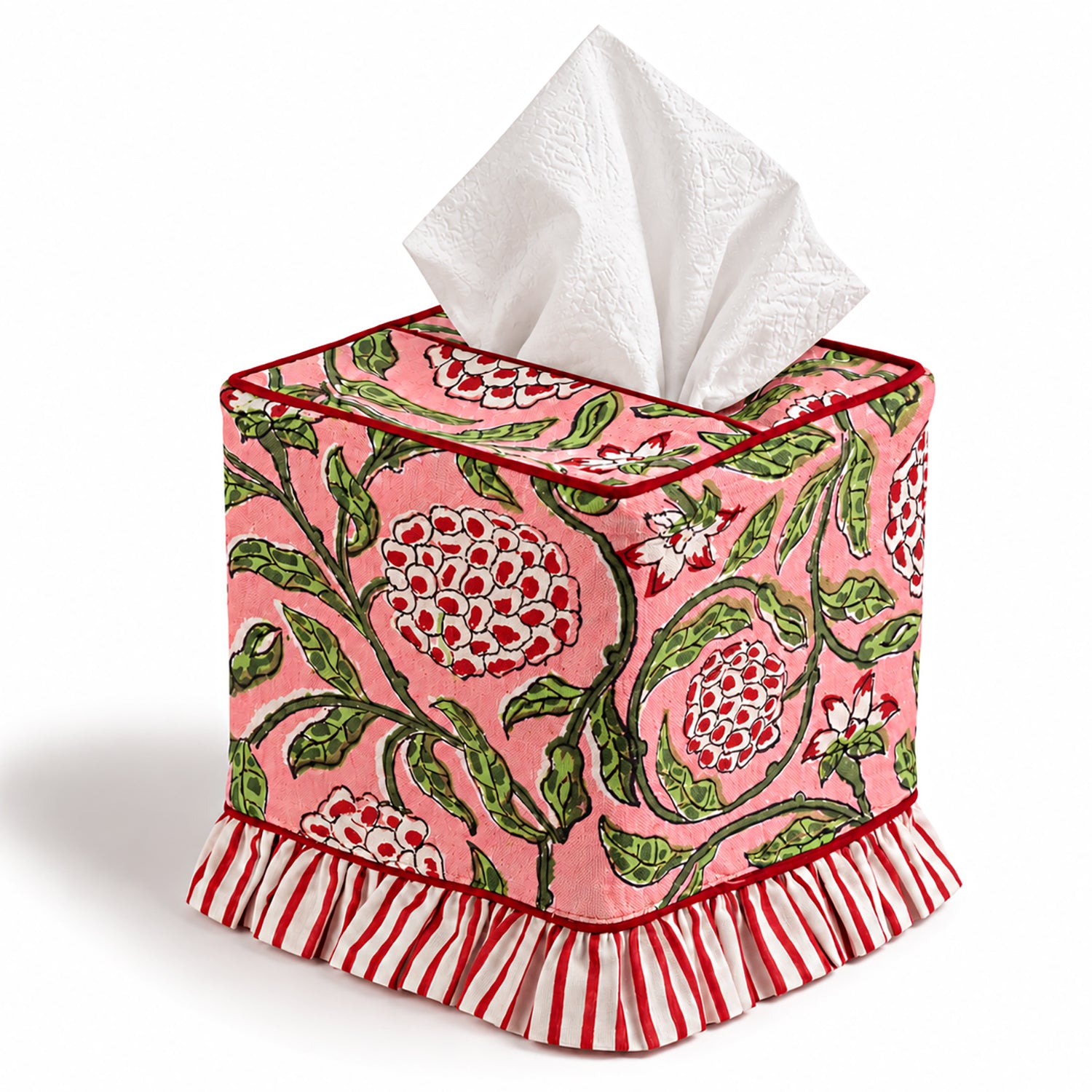 Block Print Ruffle Tissue Box Cover - Strawberry Pink