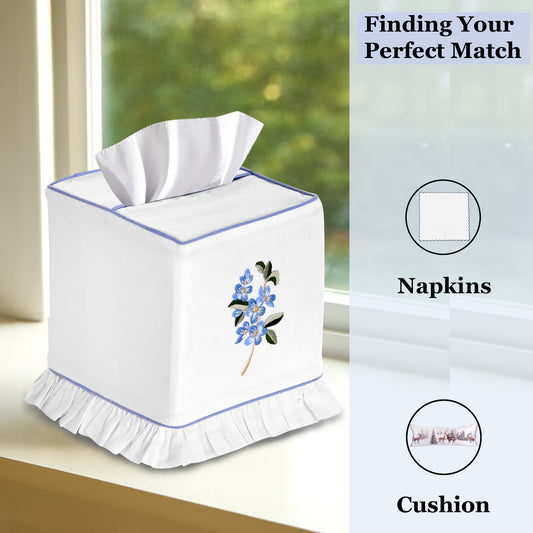 White tissue box cover with floral design on a windowsill, with text 'Finding Your Perfect Match' and images of napkins and a cushion.