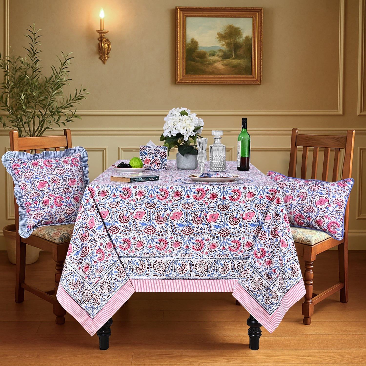 Pigeon Blue and Flamingo Pink Rectangle Tablecloth Ridhi Block Print