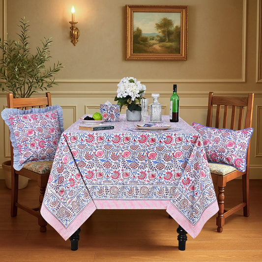 Pigeon Blue and Flamingo Pink Rectangle Tablecloth Ridhi Block Print