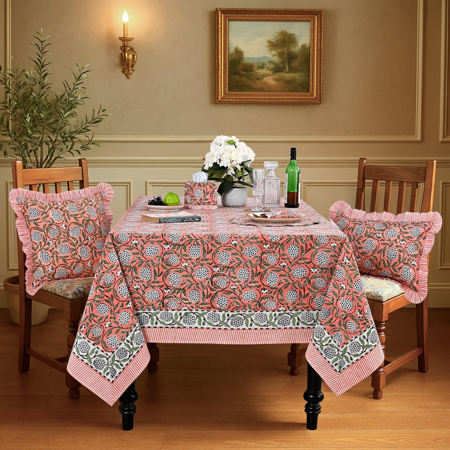 Dark Salmon Pink Square & Rectangle Tablecloth Ridhi Block Print
