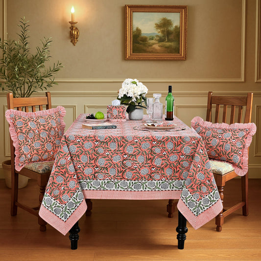 Dark Salmon Pink Square & Rectangle Tablecloth Ridhi Block Print