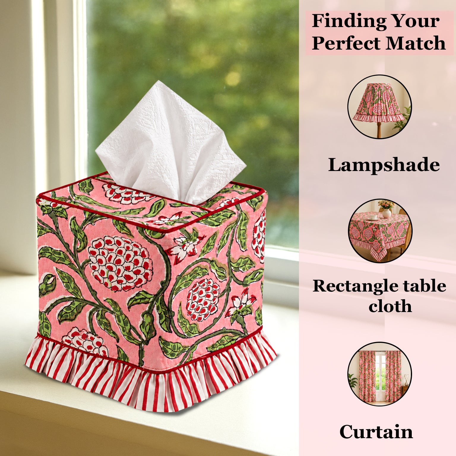 Block Print Ruffle Tissue Box Cover - Strawberry Pink