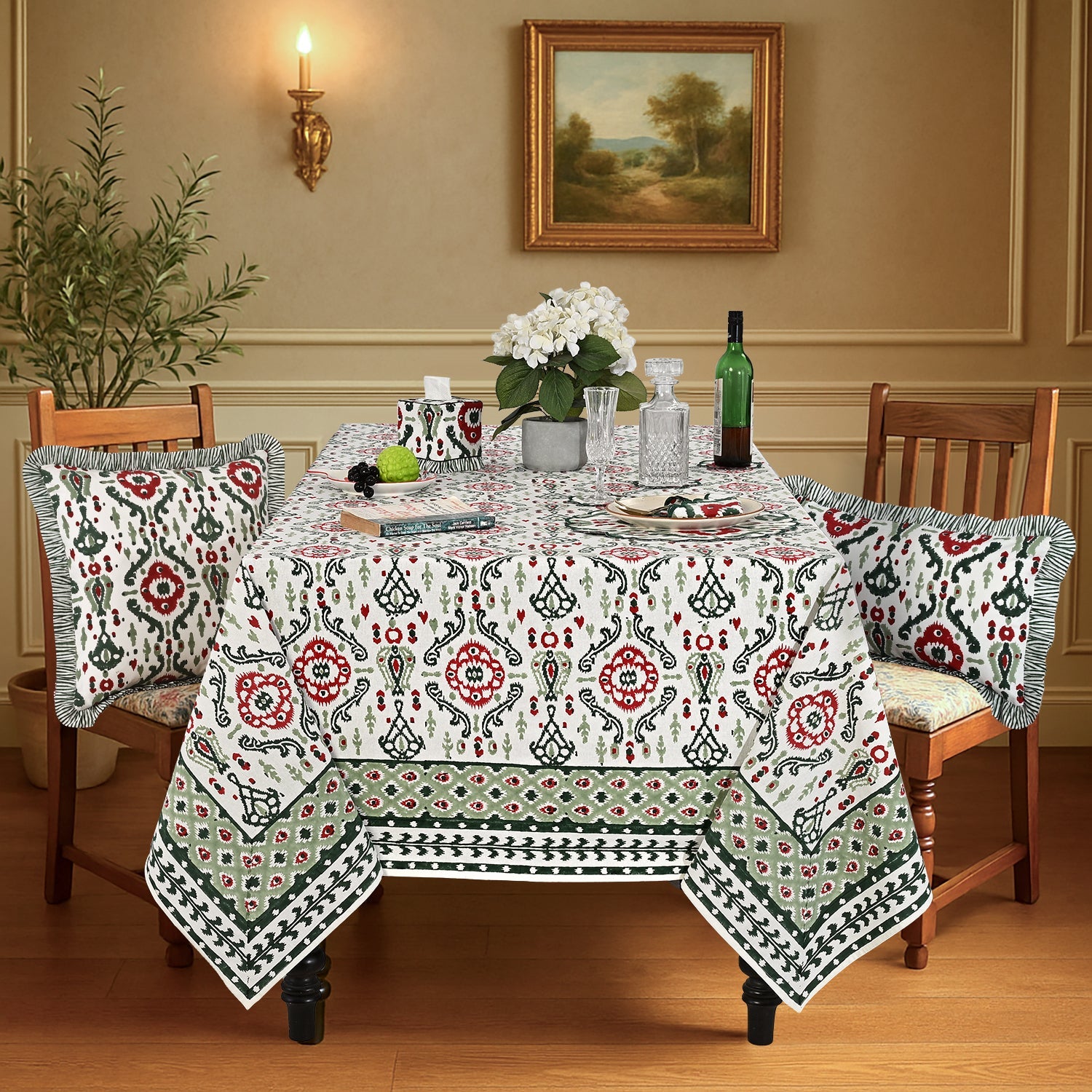 Evergreen Ikat & Red Square & Rectangle Tablecloth Ridhi Block Print