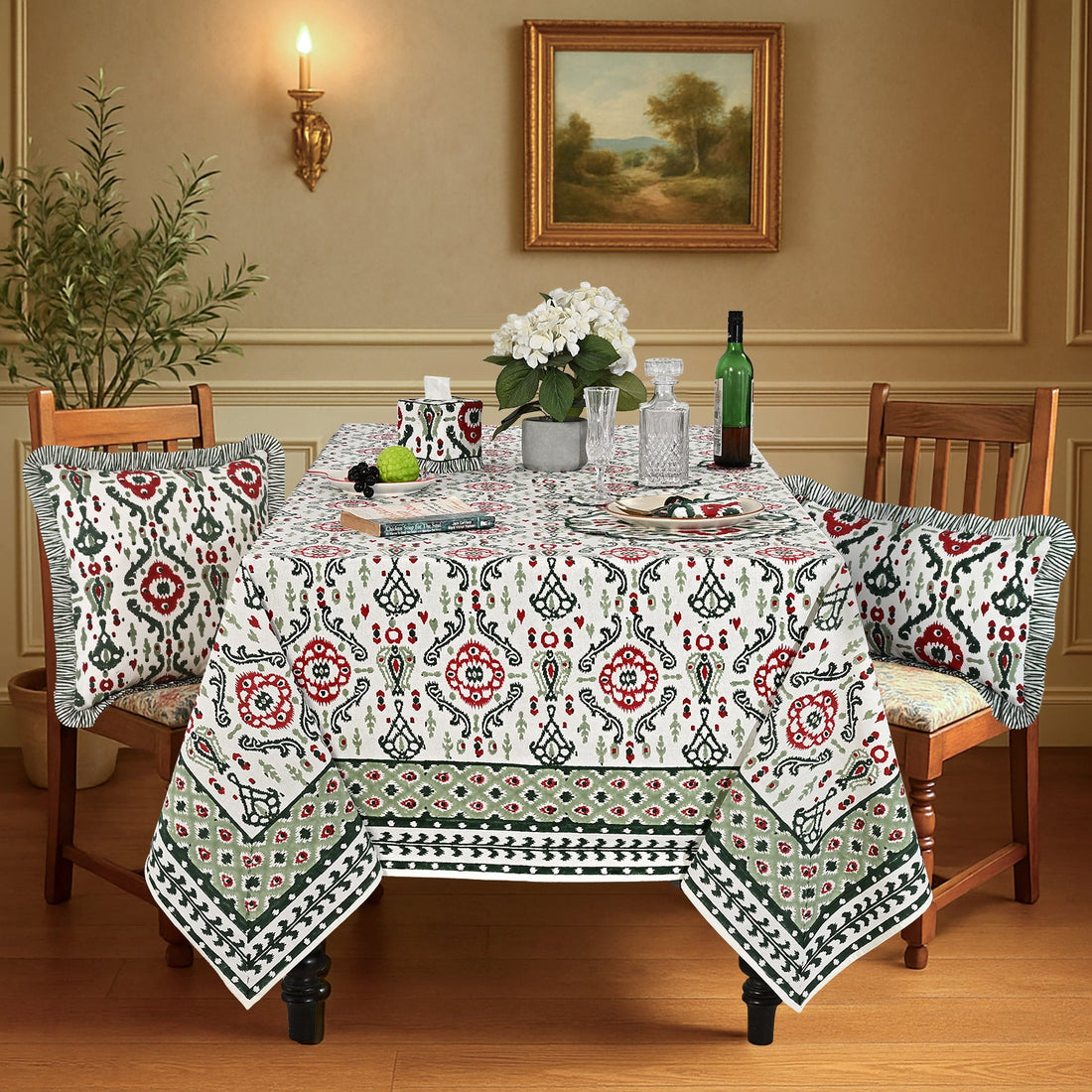 Evergreen Ikat & Red Square & Rectangle Tablecloth Ridhi Block Print